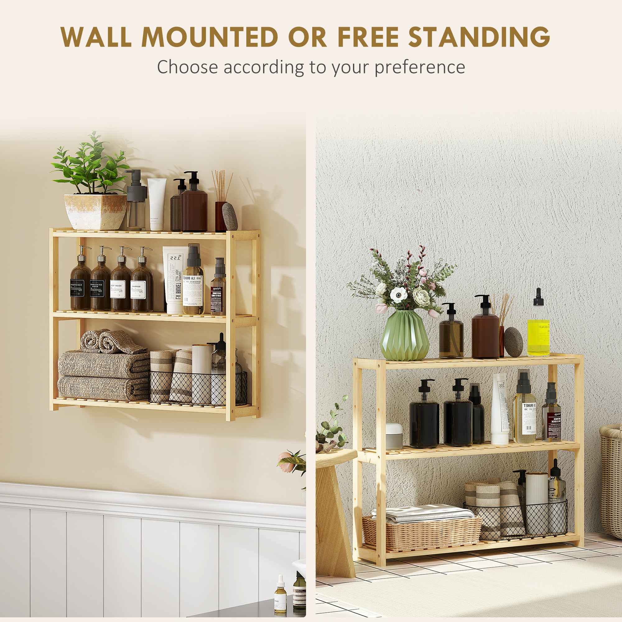 HOMCOM 3-Tier Bamboo Bathroom Storage Shelf, Wall-Mounted or Stand, Display Stand Shelving Unit with Adjustable Rack for Kitchen Bathroom Living Room, Natural - North Peak Garden Furniture
