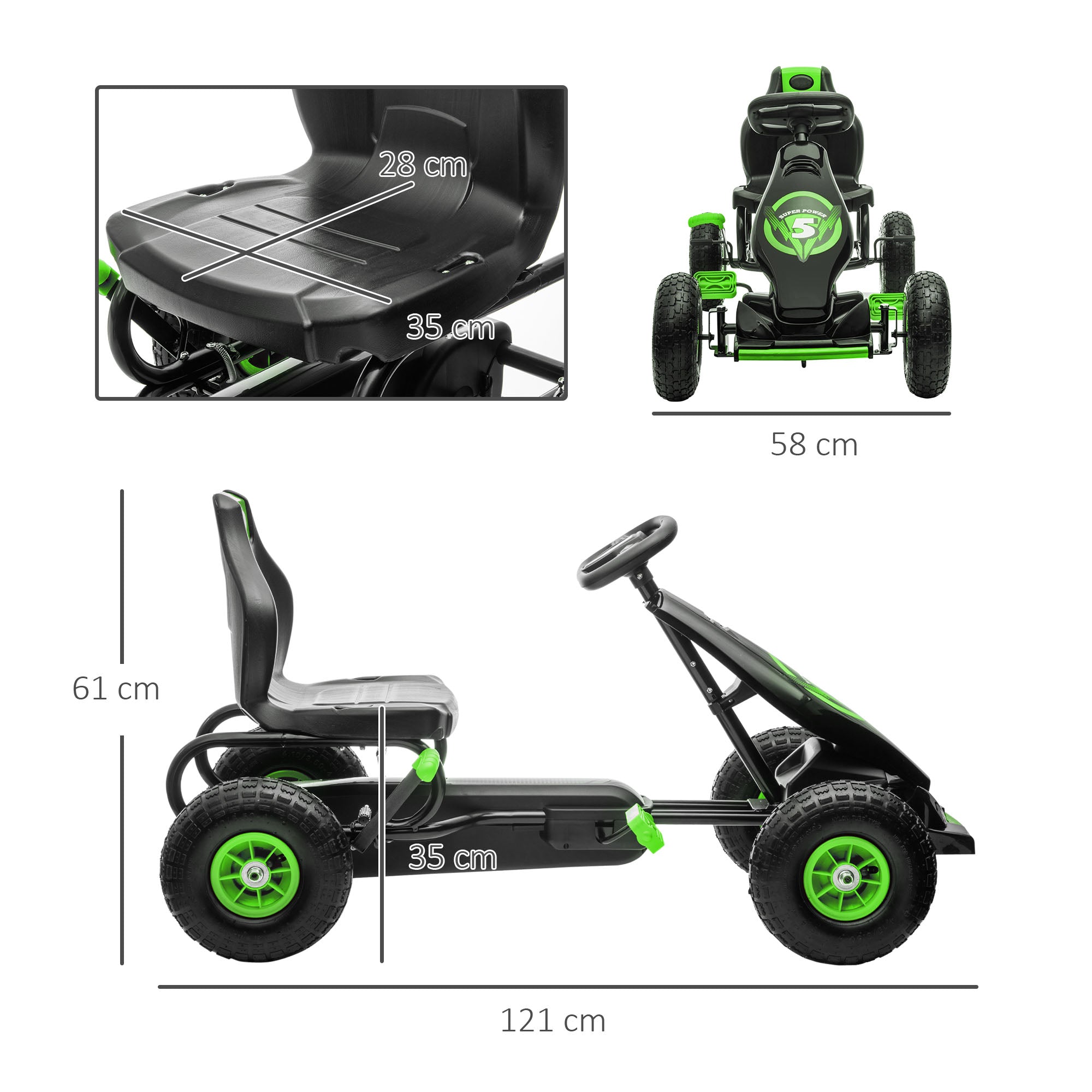 HOMCOM Kids Pedal Go Kart, with Adjustable Seat, Inflatable Tyres - Green - North Peak Garden Furniture