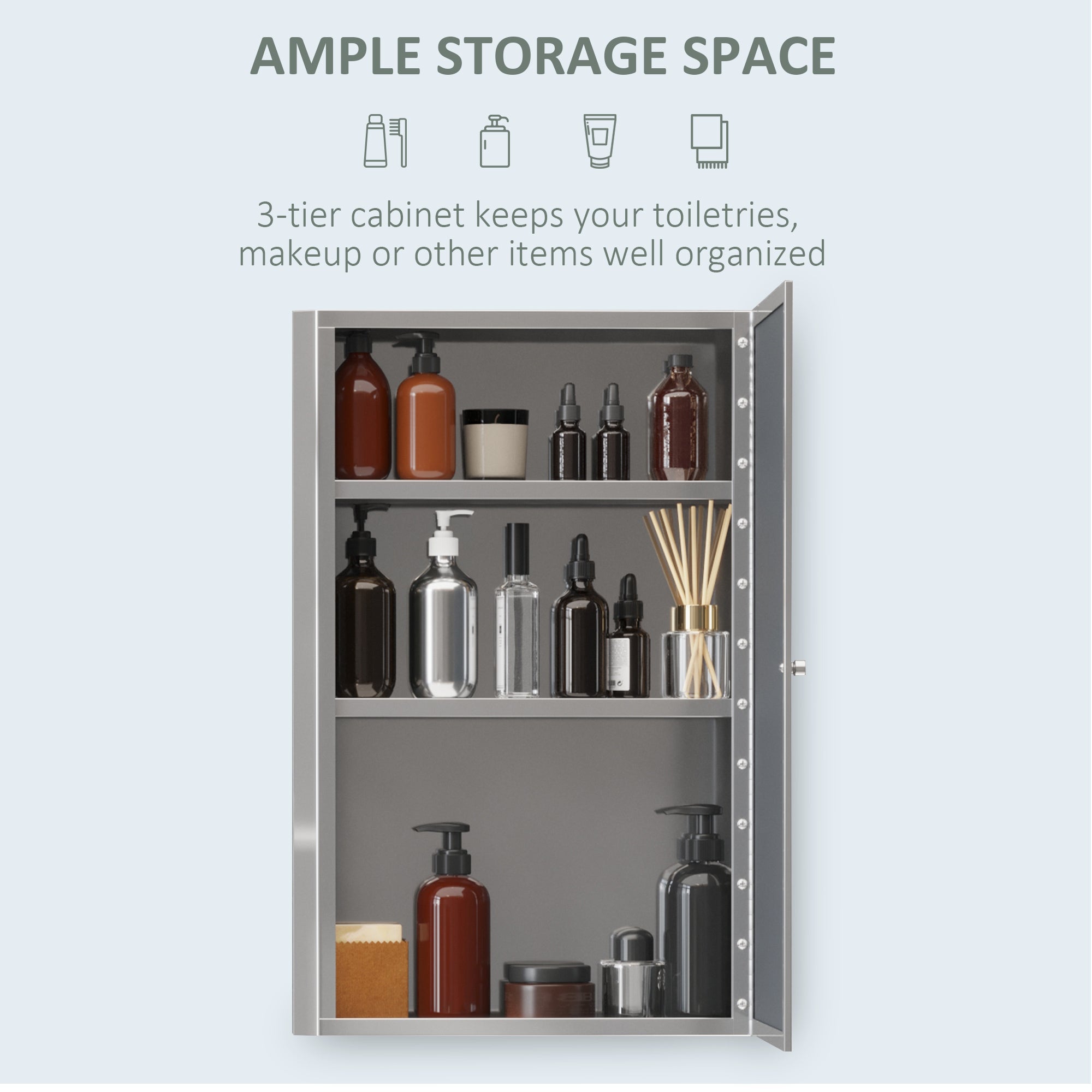 HOMCOM Stainless Steel Wall mounted Bathroom Mirror Cabinet 2 Shelves Storage Unit Furniture w/Single Door (60H x 40L x 13D (cm)) - North Peak Garden Furniture