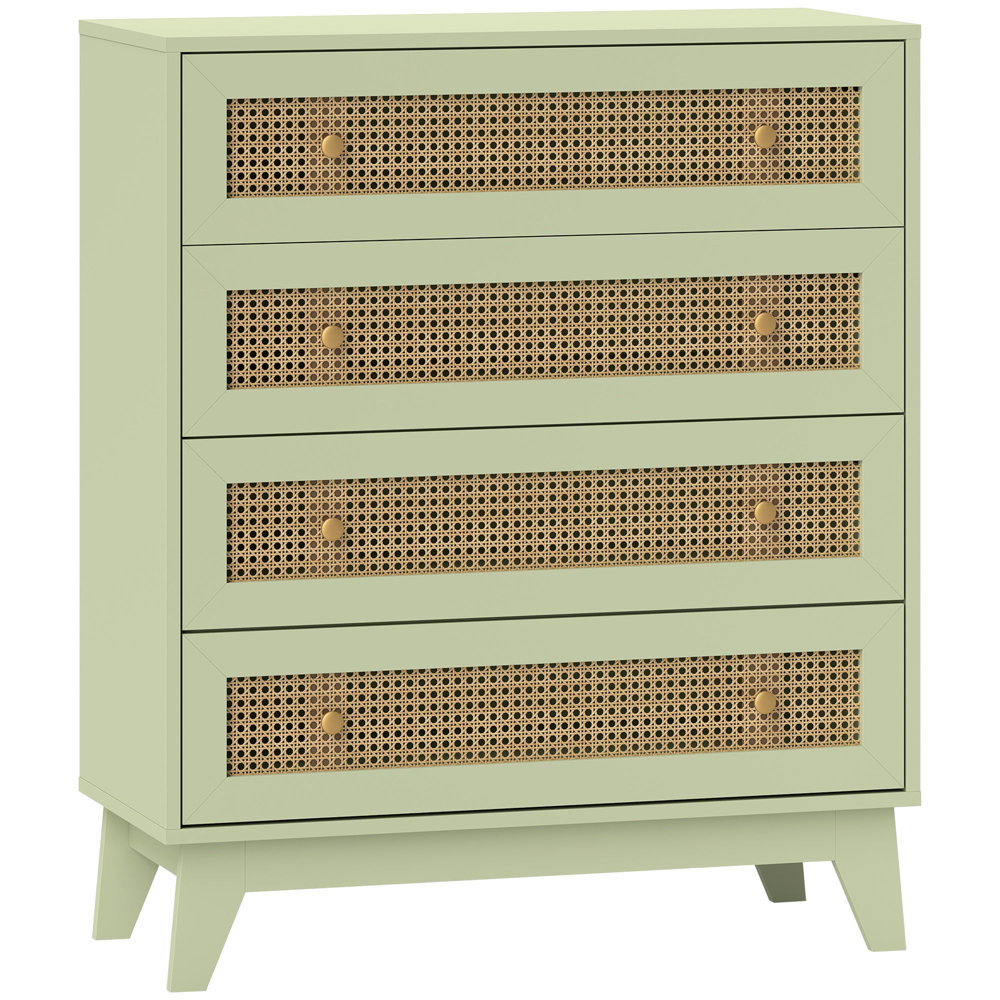 HOMCOM Chest of Drawers, 4-Drawer Storage Organiser Unit with Rattan Element for Bedroom, Living Room, Light Green - North Peak Garden Furniture