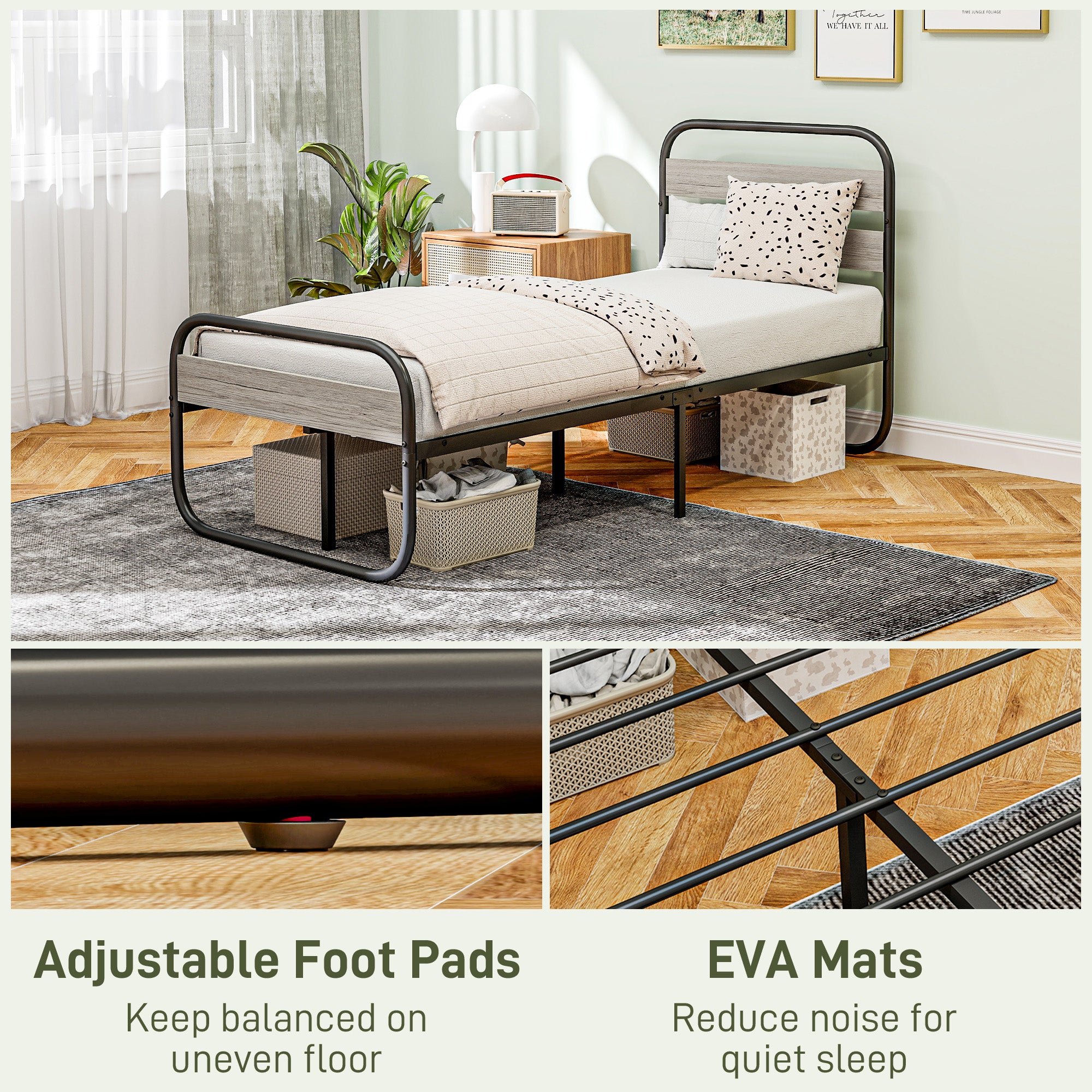 HOMCOM 3ft Single Bed Frame, Industrial Style Metal Platform Bed Frame with Under Bed Storage, No Box Spring Needed, Easy Assembly, Grey - North Peak Garden Furniture