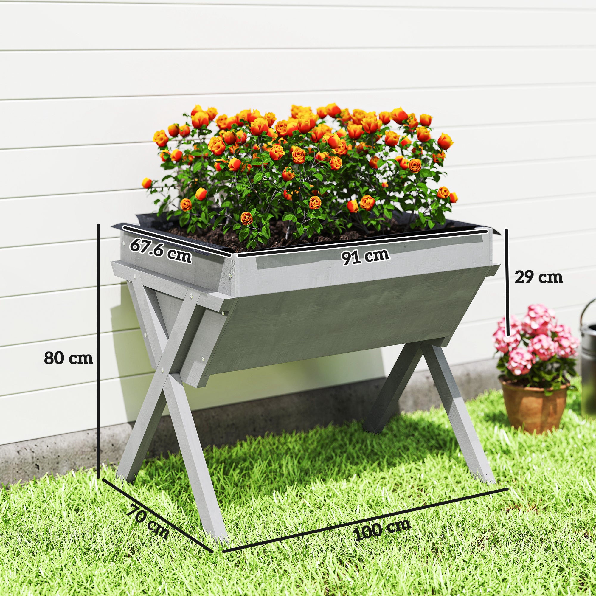 Outsunny Wooden Raised Garden Bed with Bed Liner, Elevated Planter Box with Legs, Light Grey