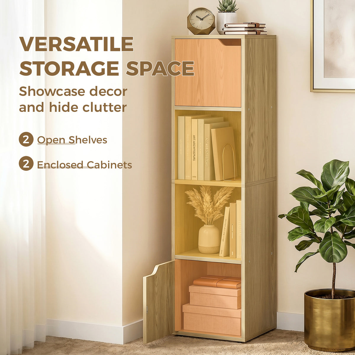 HOMCOM Narrow Bookcase, 4-Tier Bookshelf, Storage Cabinet with doors for Living Room, Bedroom, Oak