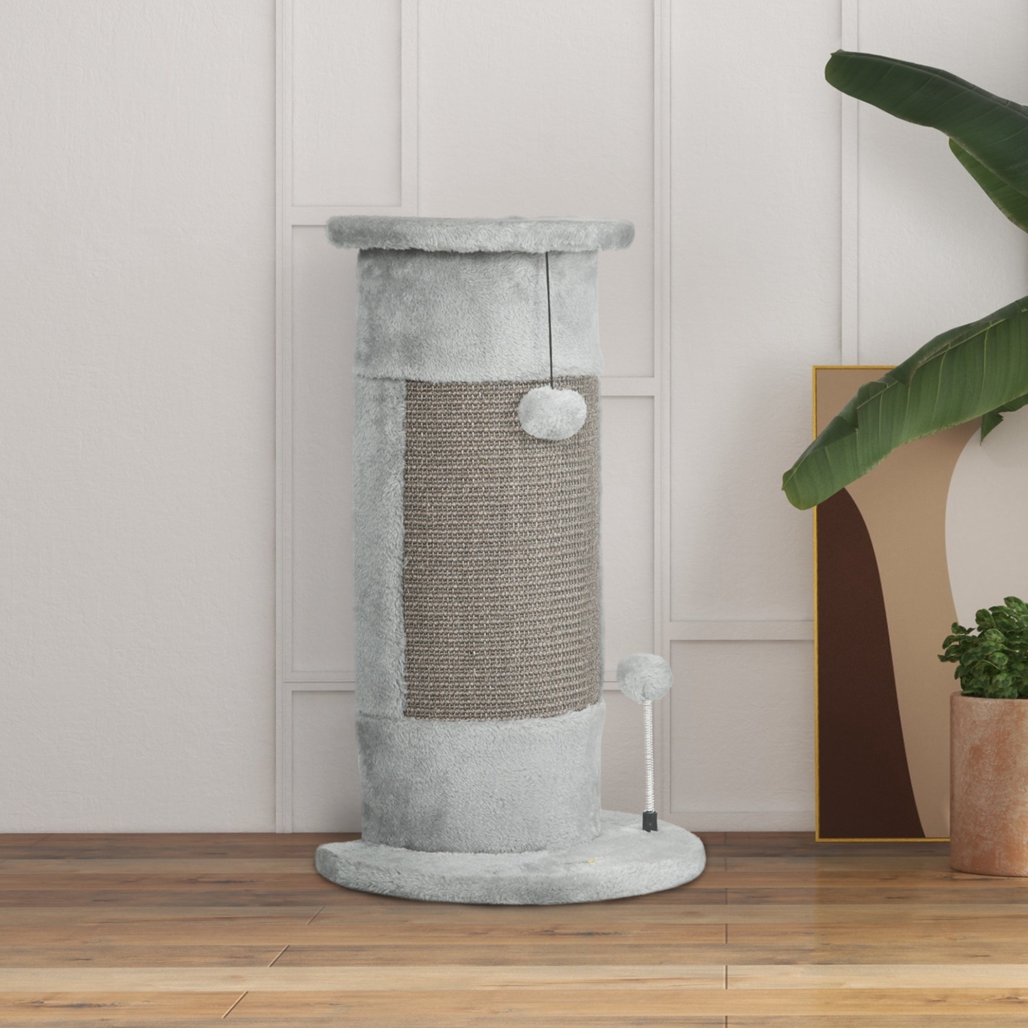 PawHut 58cm Cat Scratching Post, with Covered Plush, Play Balls, for Corner Walls - Grey - North Peak Garden Furniture