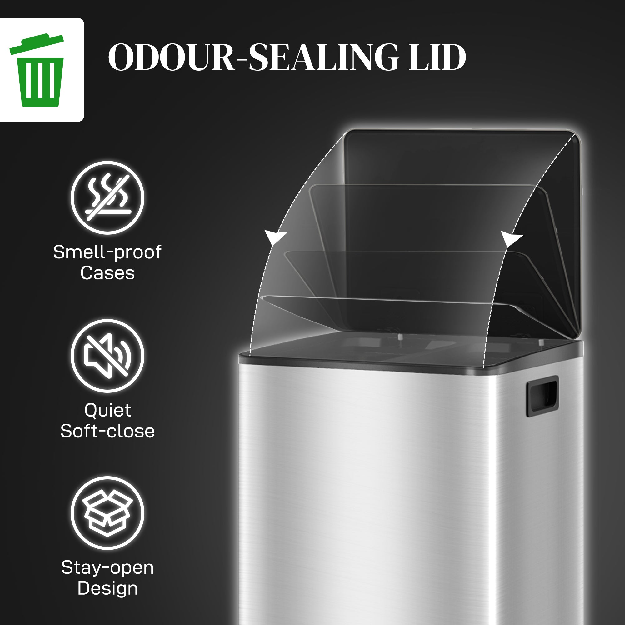 HOMCOM 60L Dual Compartment Stainless Steel Bin, with Deodoriser Holders - Silver Tone - North Peak Garden Furniture