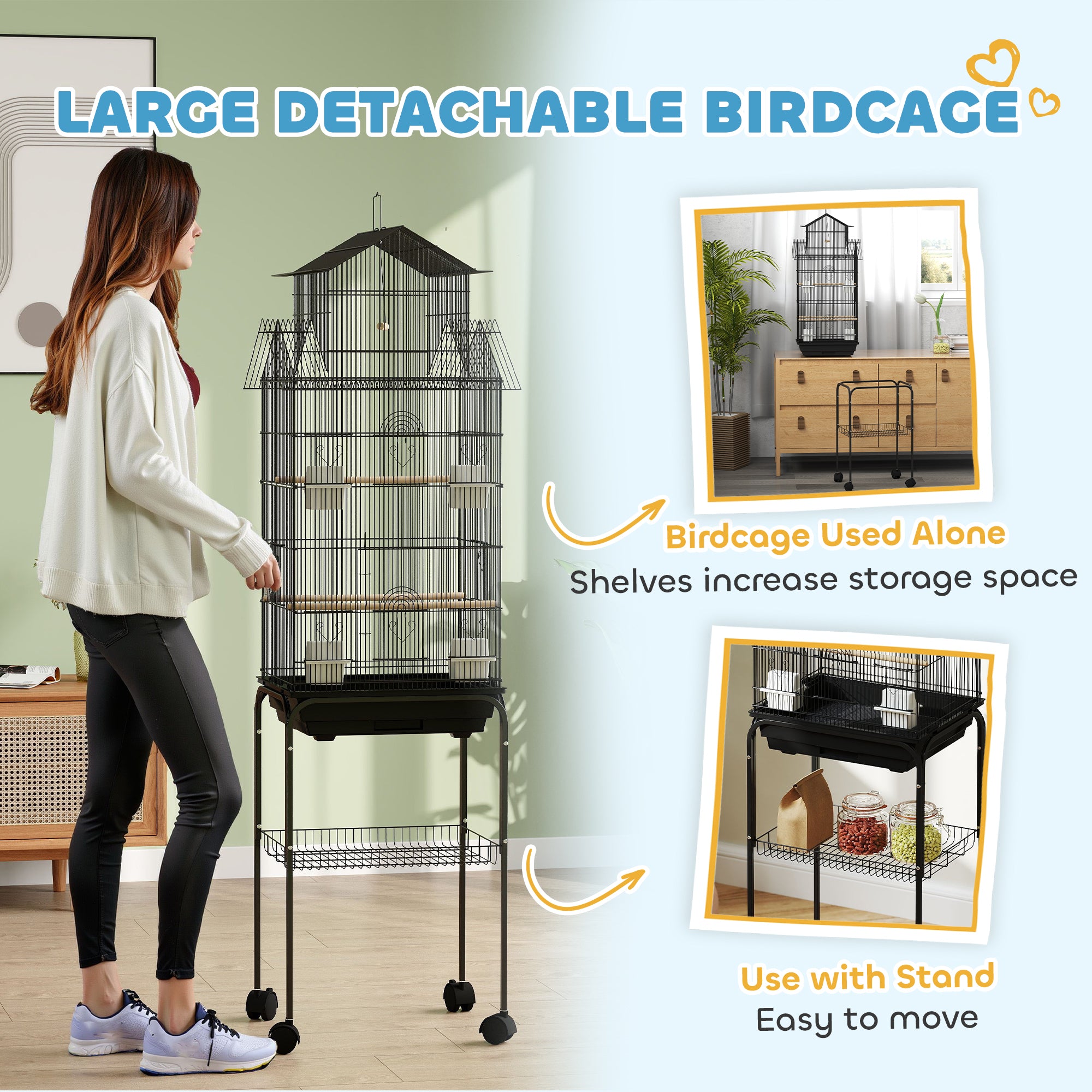 PawHut Metal Bird Cage with Plastic Swing, Perch, Food Container, Tray, Handle, for Finches, Canaries, Budgies, 43 x 32.5 x 163 - North Peak Garden Furniture