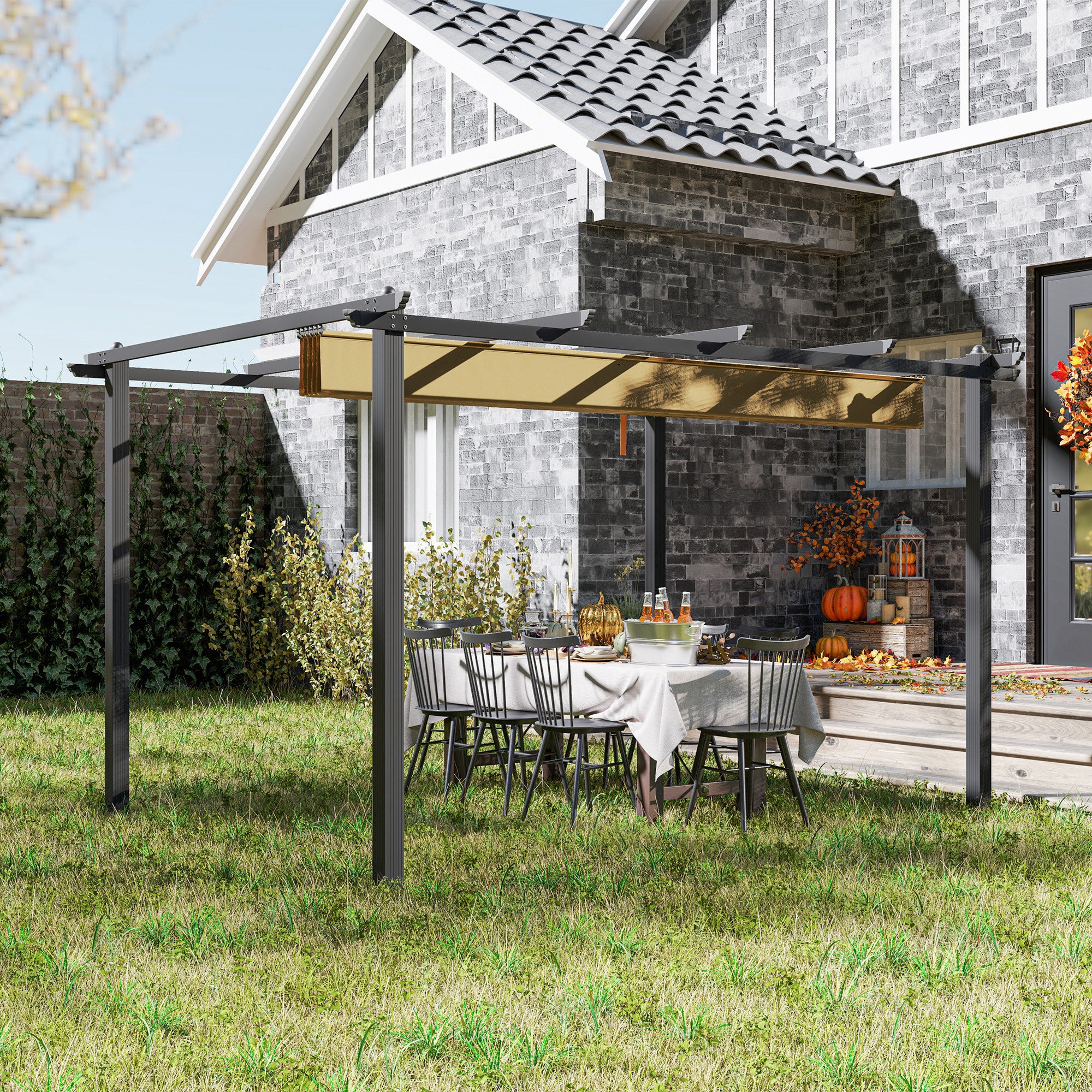 Outsunny 3 x 4m Aluminium Pergola, with Retractable Roof - Khaki - North Peak Garden Furniture