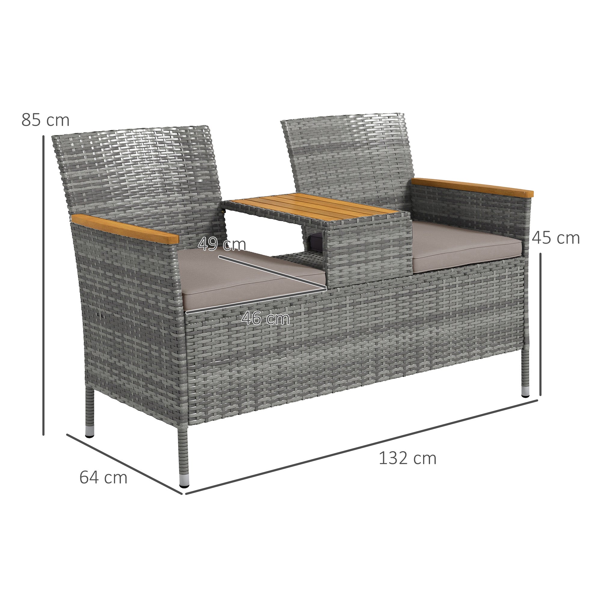 Outsunny Two-Seat Rattan Loveseat, with Wood-Top Middle Table - Grey - North Peak Garden Furniture