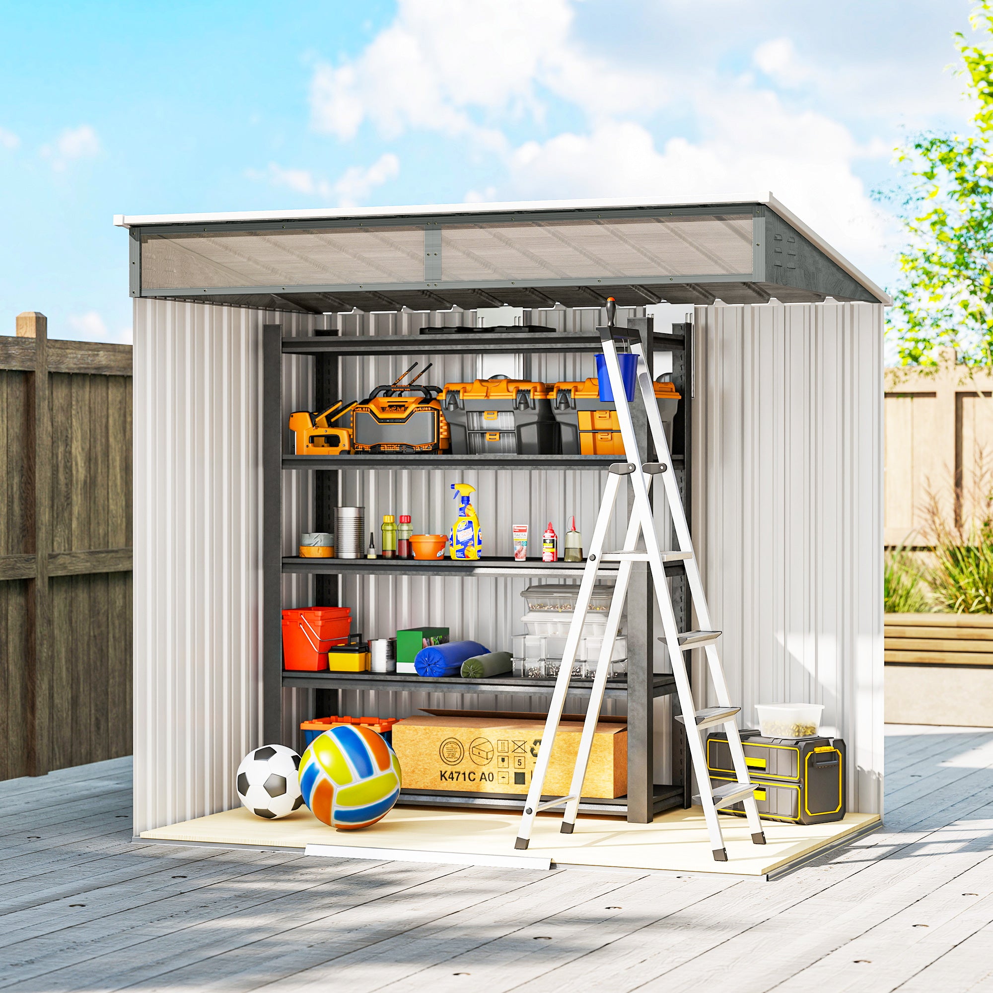 Outsunny 6.5 x 4FT Galvanised Metal Shed with Foundation Kit, Lockable Tool Garden Shed with Double Sliding Doors, Vents, Light Grey Wood Effect