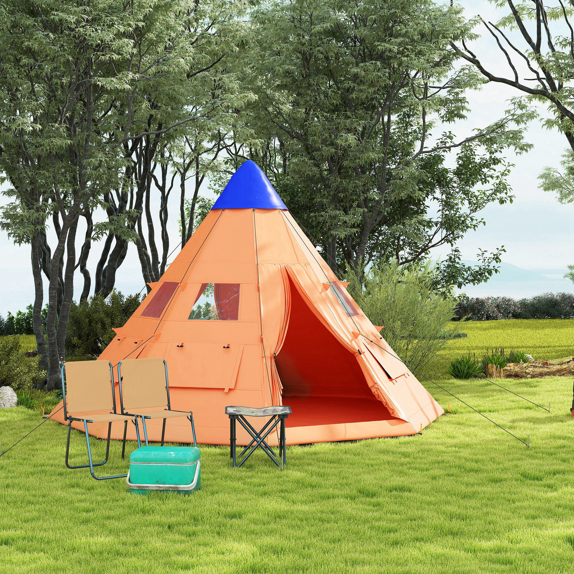 Outsunny 6 Men Tipi Tent with Carry Bag - Orange - North Peak Garden Furniture