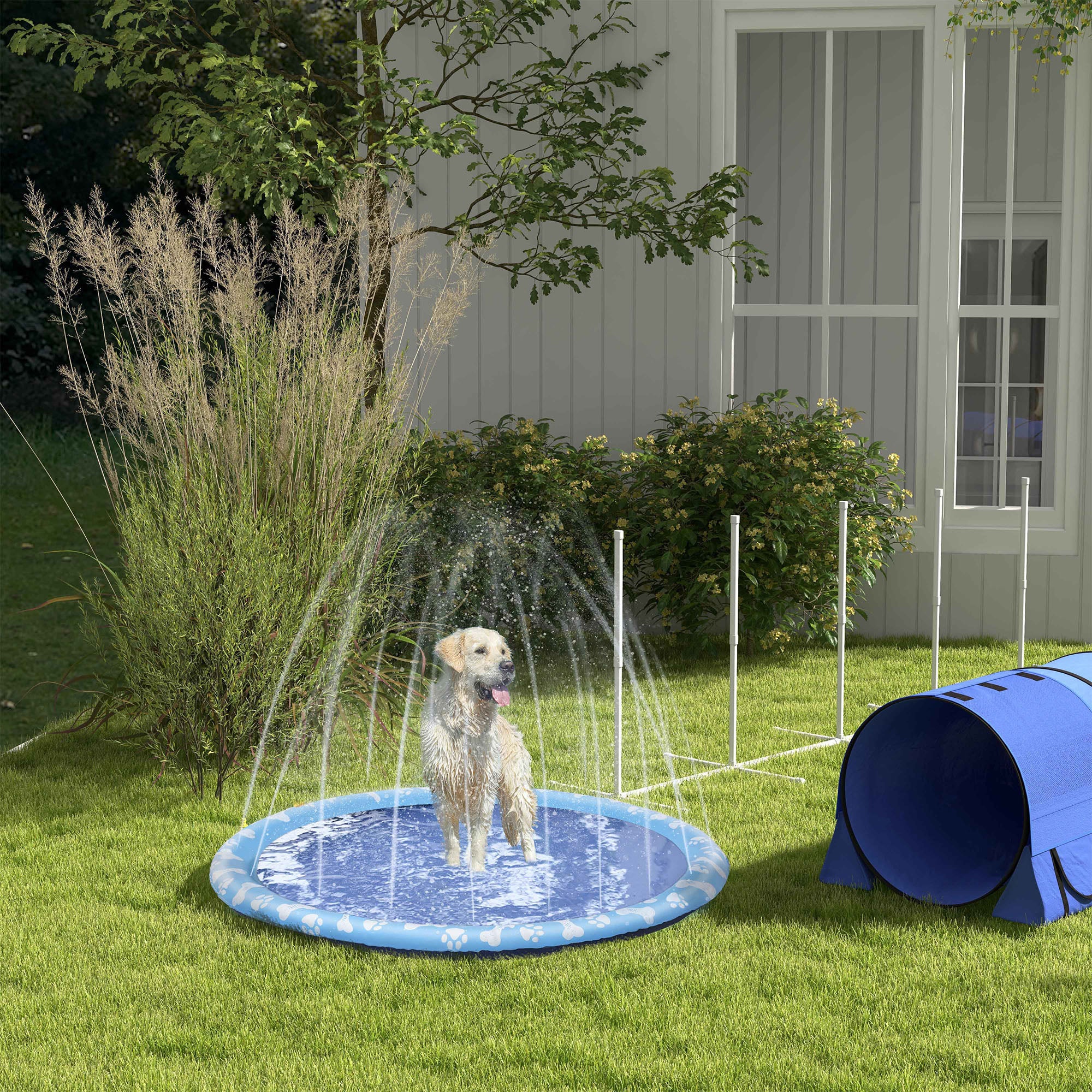 PawHut 170cm Splash Pad Sprinkler for Pets Dog Bath Pool Water Game Mat Toy Non-slip Outdoor Backyard Blue - North Peak Garden Furniture