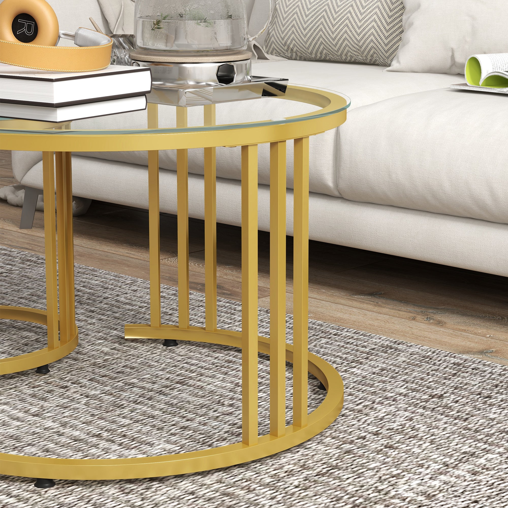 HOMCOM Round Coffee Tables Set of 2, Nesting Tables with Tempered Glass Top and Steel Frame, 60cmx60cmx47cm, Gold Tone - North Peak Garden Furniture