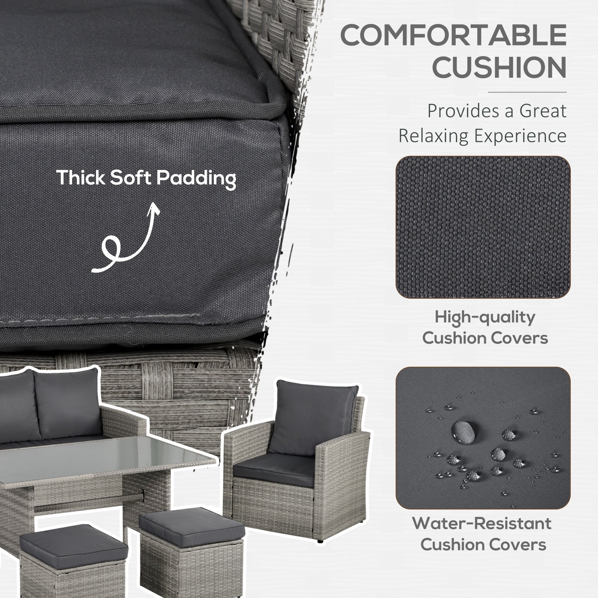 Outsunny Six-Piece Rattan Sofa Set, with Glass-Top Table - Mixed Grey - North Peak Garden Furniture