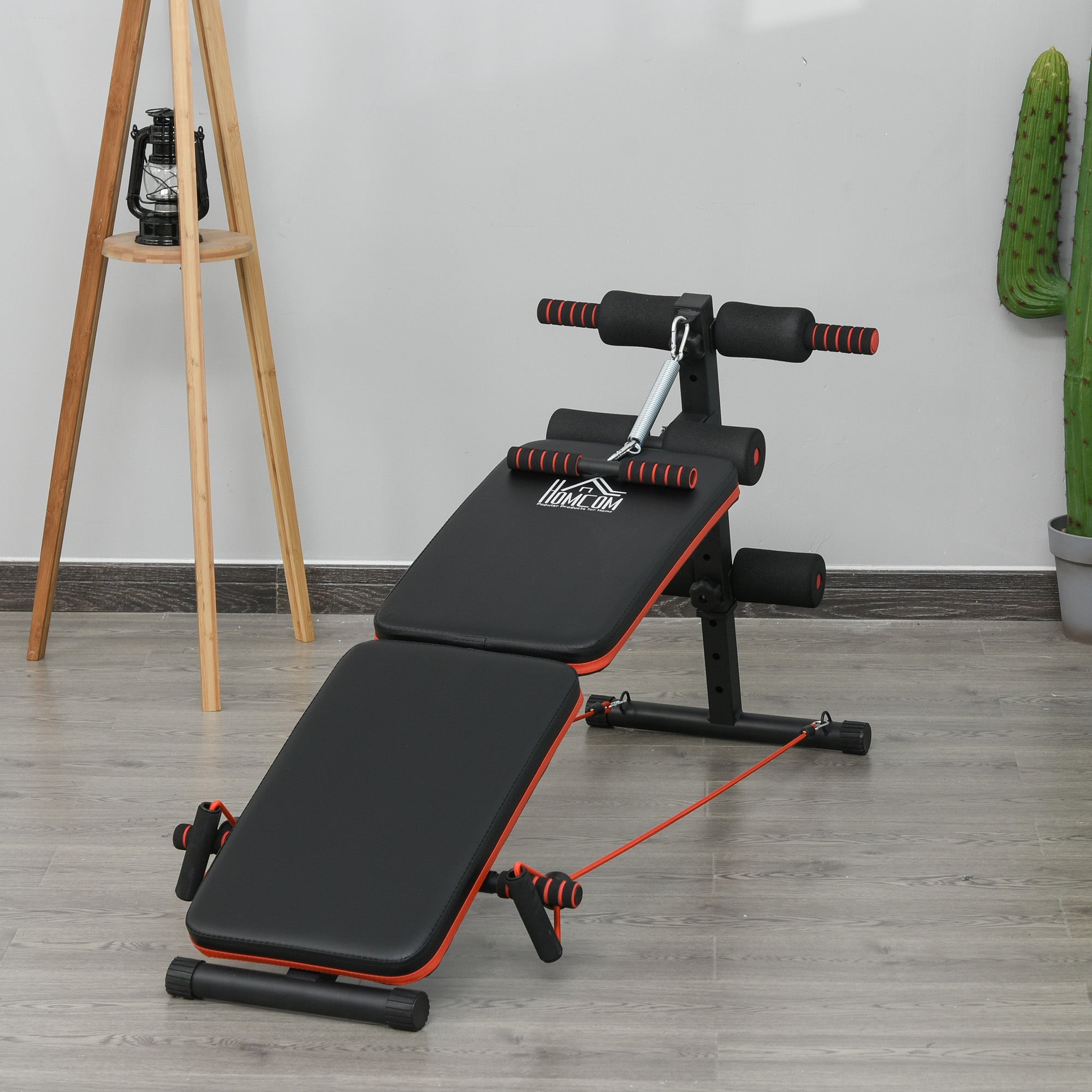 HOMCOM Sit Up Bench Core Workout Adjustable Thigh Support Foldable for Home Gym w/ Arm Pulling Rope Black - North Peak Garden Furniture