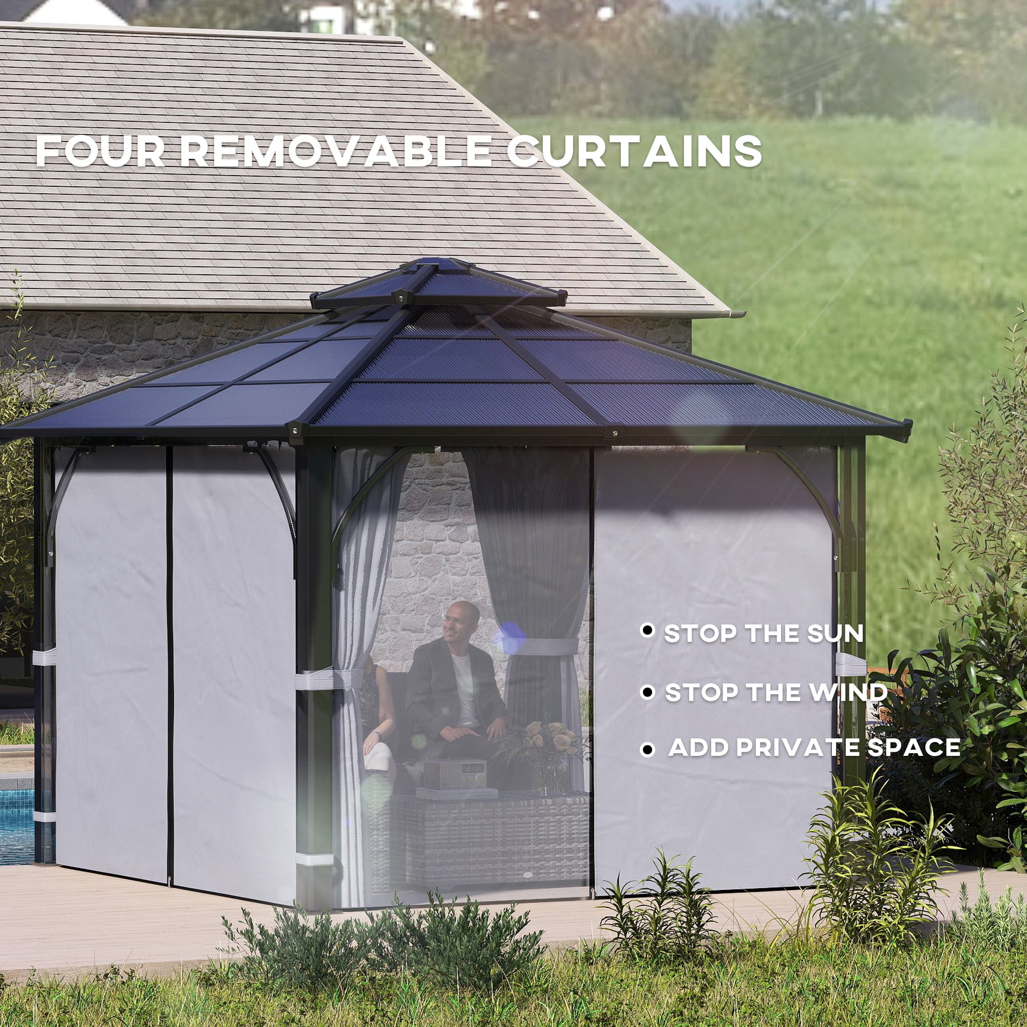 Outsunny 3 x 3(m) Hardtop Gazebo Canopy with 7mm Polycarbonate Double-Tier Roof, Garden Gazebo Permanent Pavilion with Mosquito Netting and Curtains for Patio, Deck, Dark Grey