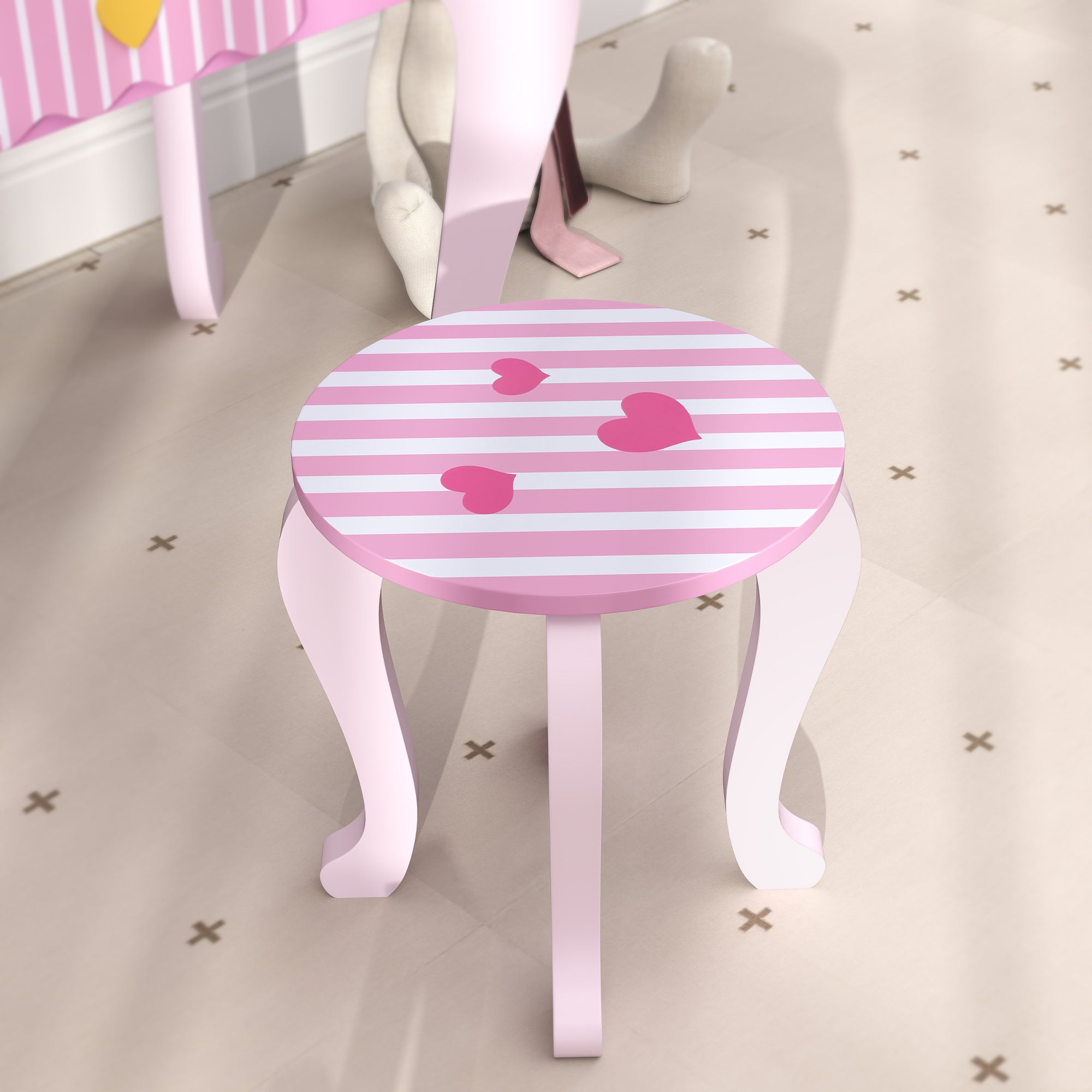 AIYAPLAY Kids Dressing Table Set, Vanity Table with Stool, Mirror, Drawer, Desktop Storage, Heart Theme, Pink - North Peak Garden Furniture