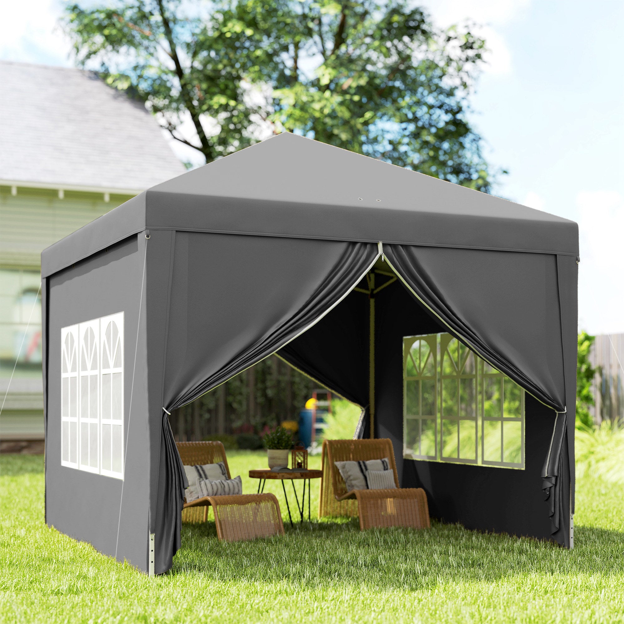 Outsunny 3 x 3 Meters Pop Up Water Resistant Gazebo Wedding Camping Party Tent Canopy Marquee with Carry Bag and 2 Windows, Grey