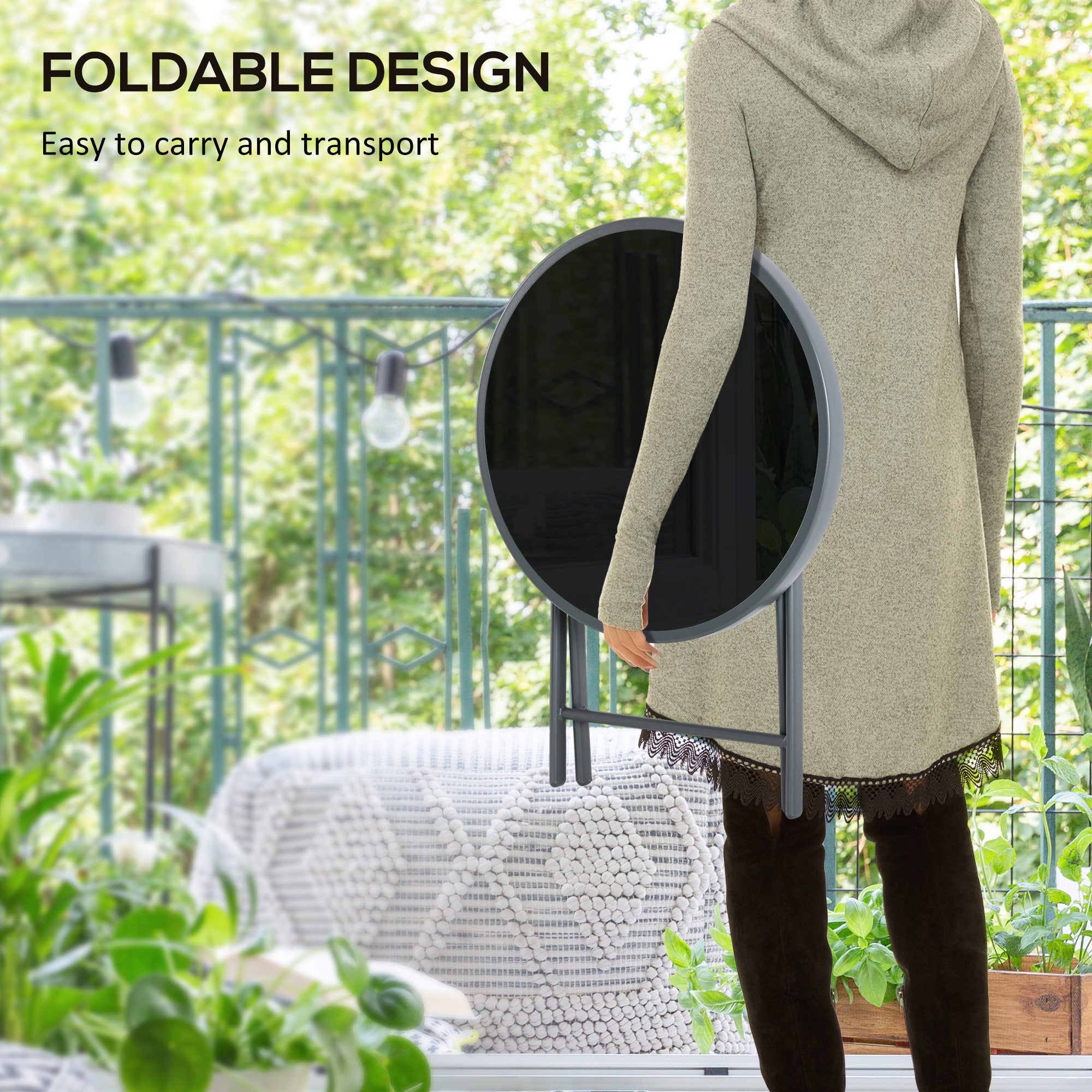 Outsunny Φ45cm Garden Side Table, Outdoor Round Folding Patio Table with Imitation Marble Glass Top, Small Coffee Table, Black - North Peak Garden Furniture
