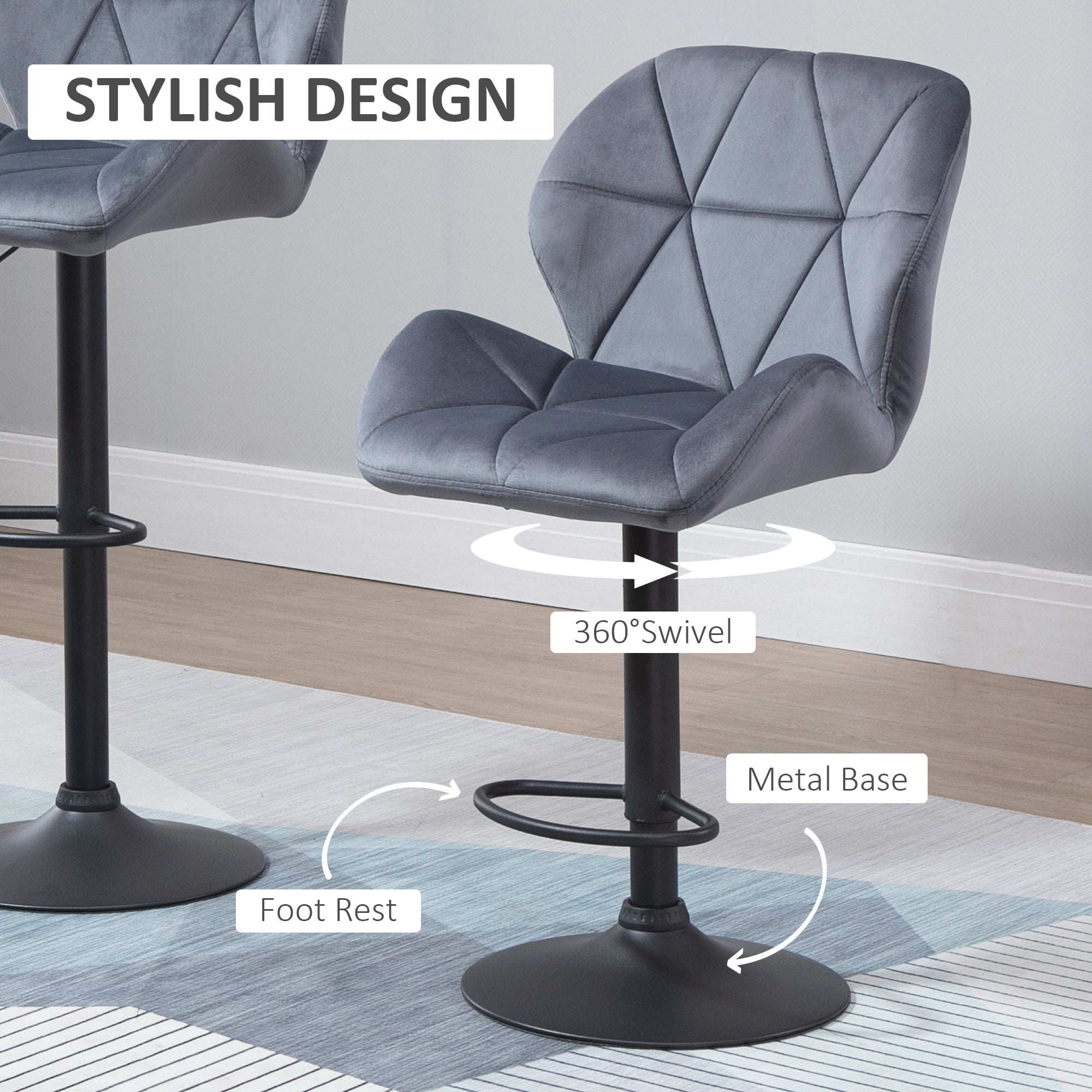 HOMCOM Adjustable Bar Stools Set of 2, Armless Upholstered Swivel Counter Chairs, Barstools with Back, Footrest, Dark Grey - North Peak Garden Furniture