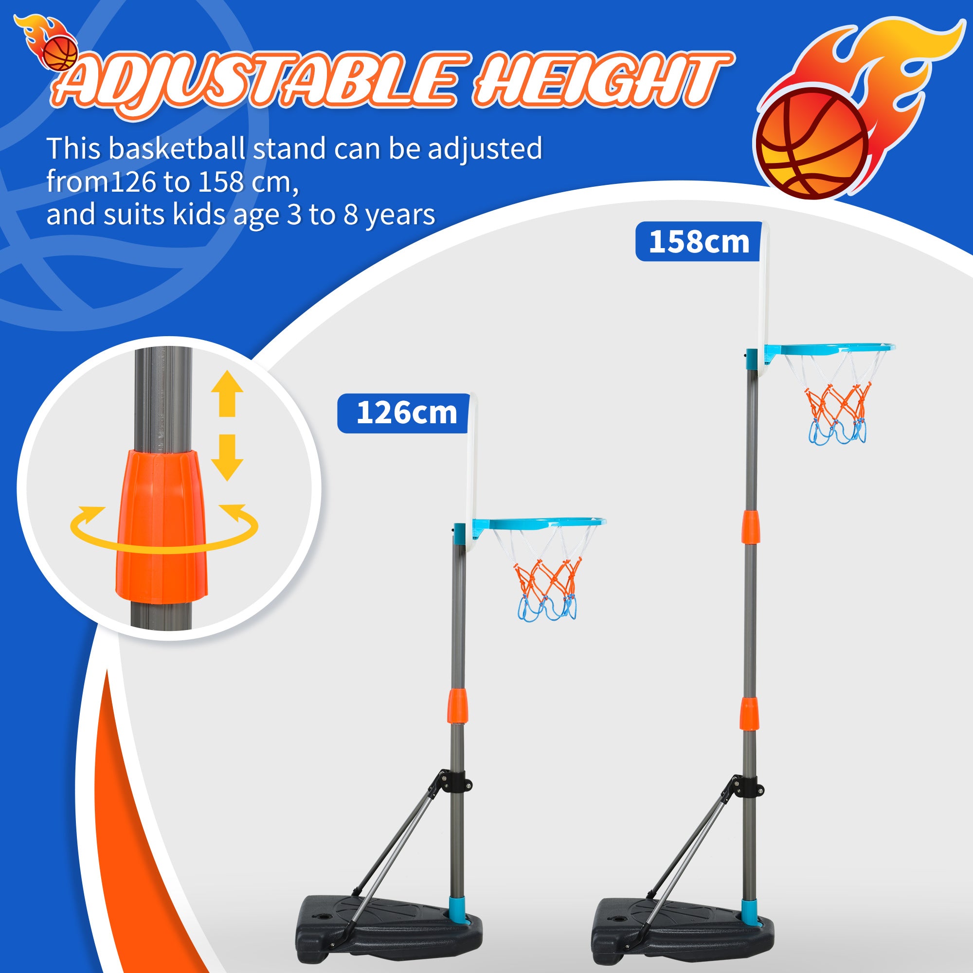 HOMCOM Kids Basketball Hoop and Stand Portable Basketball Stand Set w/ Ball Pump Netting Backboard Adjustable Height from 126 cm to 158 cm