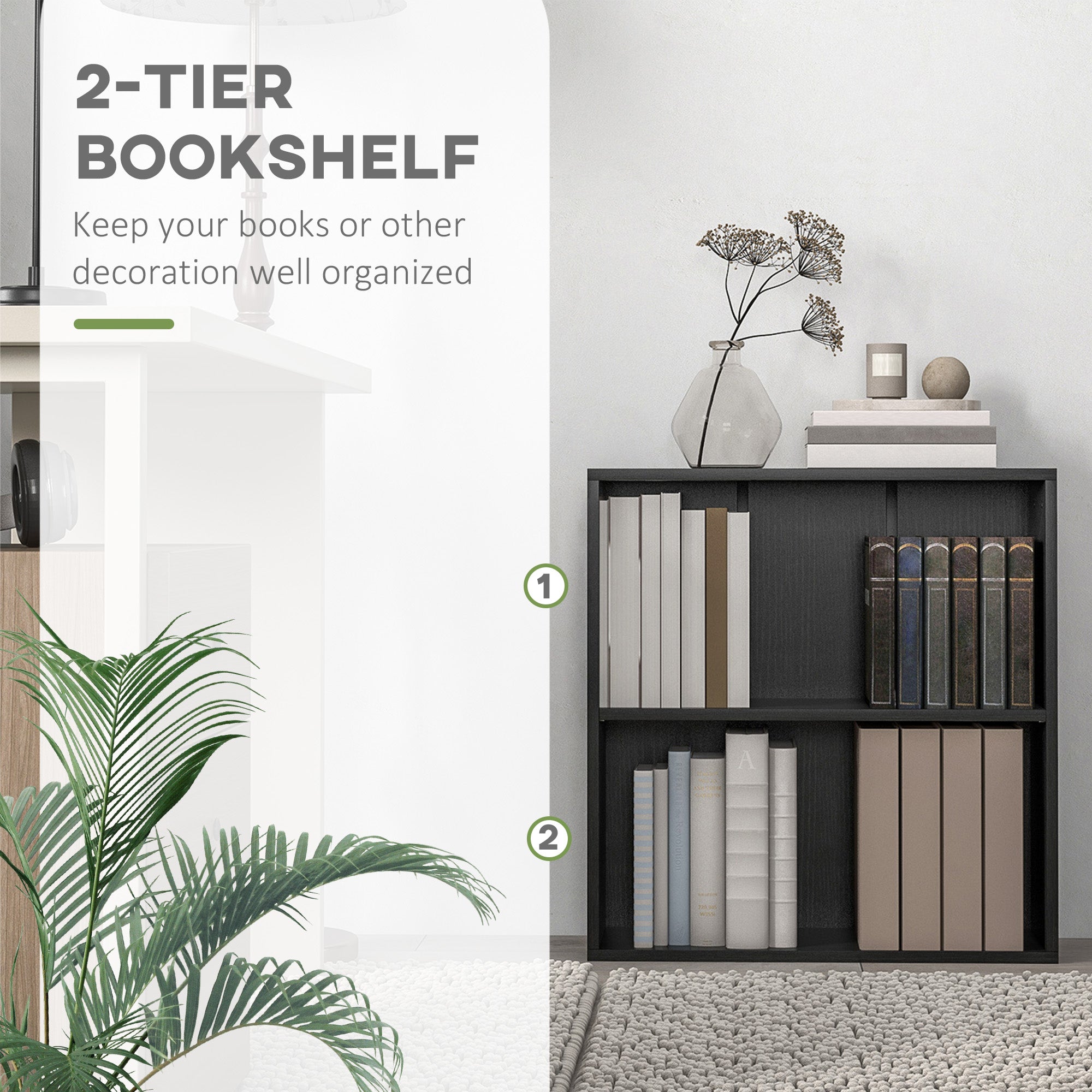 HOMCOM 2 Tier Bookshelf, Low Bookcase with Adjustable Shelf, 2 Compartments for Home Office, Living Room, Study, Black - North Peak Garden Furniture
