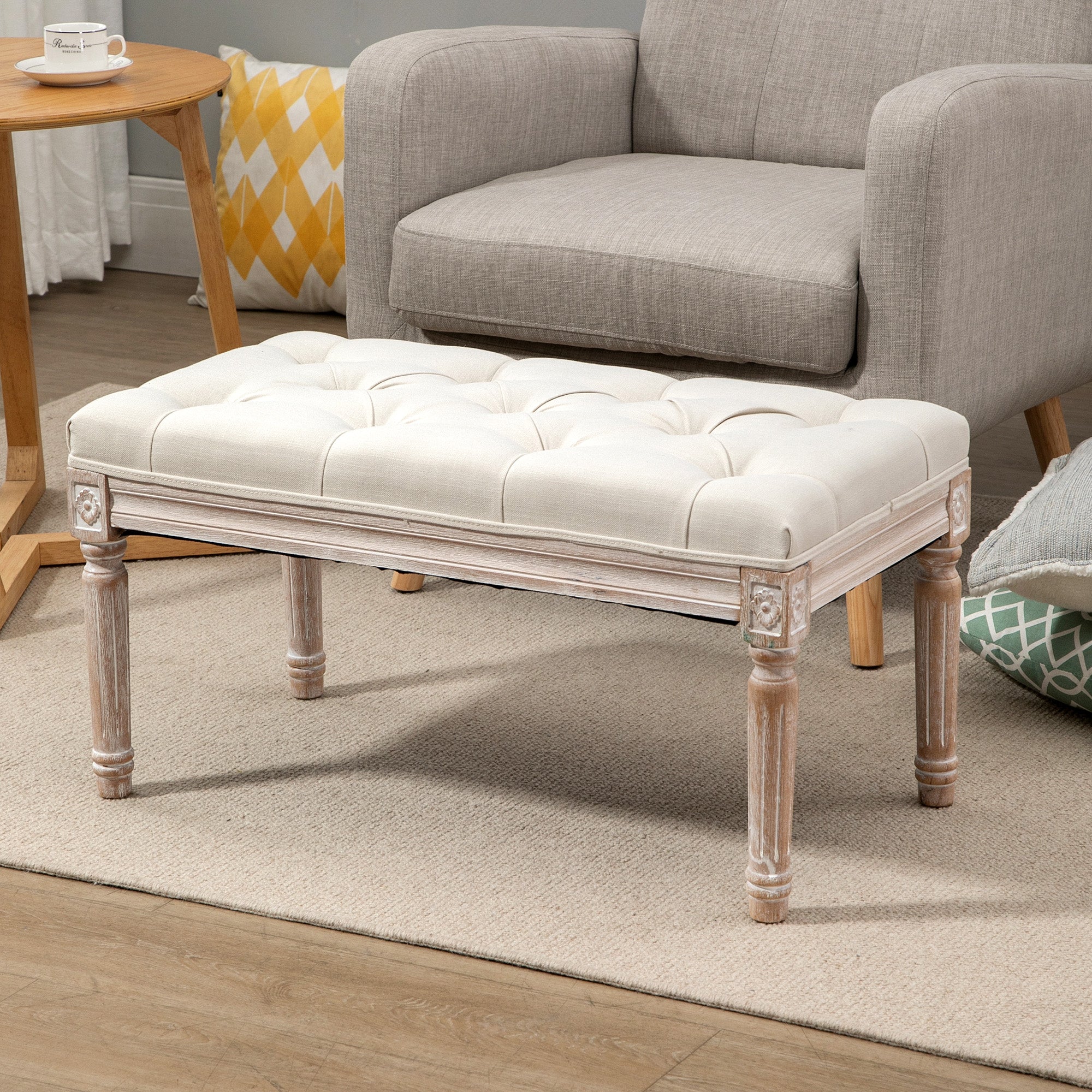 HOMCOM End of Bed Bench, Window Seat, Tufted Bench for Bedroom, Hallway, Living Room, Cream White - North Peak Garden Furniture