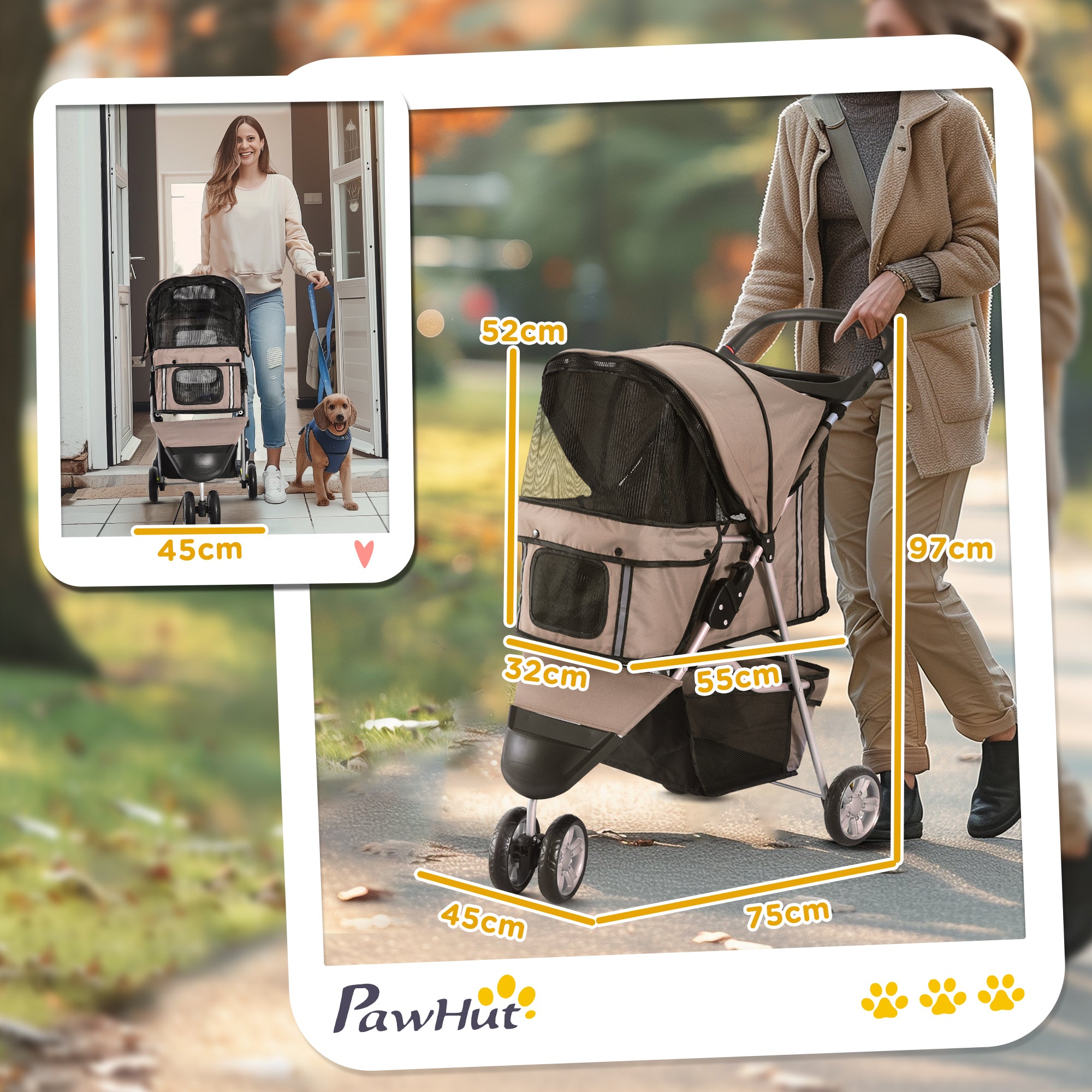 Pawhut Dog Pram Pet Travel Stroller Dog Pushchair W/Three Wheels-Coffee