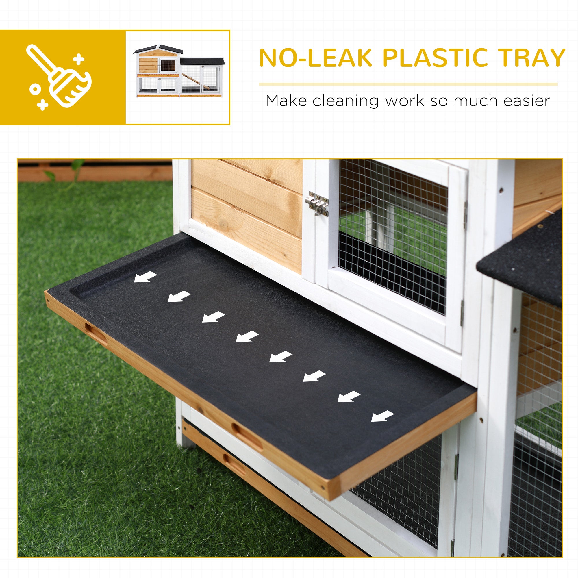 PawHut Rabbit Hutch Guinea Pig Hutch Wooden House with Run, 2 Tier Pet Cage Outdoor with No-leak Plastic Trays, 157.4 x 53 x 93.5cm, Yellow - North Peak Garden Furniture