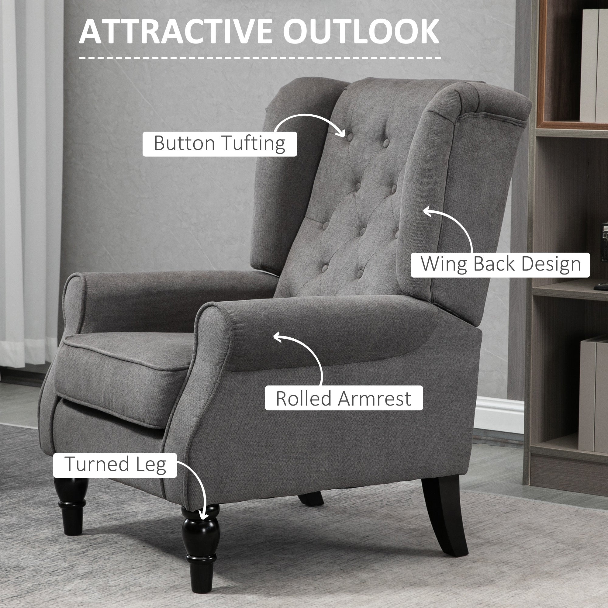 HOMCOM Retro Accent Chair, Wingback Armchair with Wood Frame Button Tufted Design for Living Room Bedroom, Dark Grey