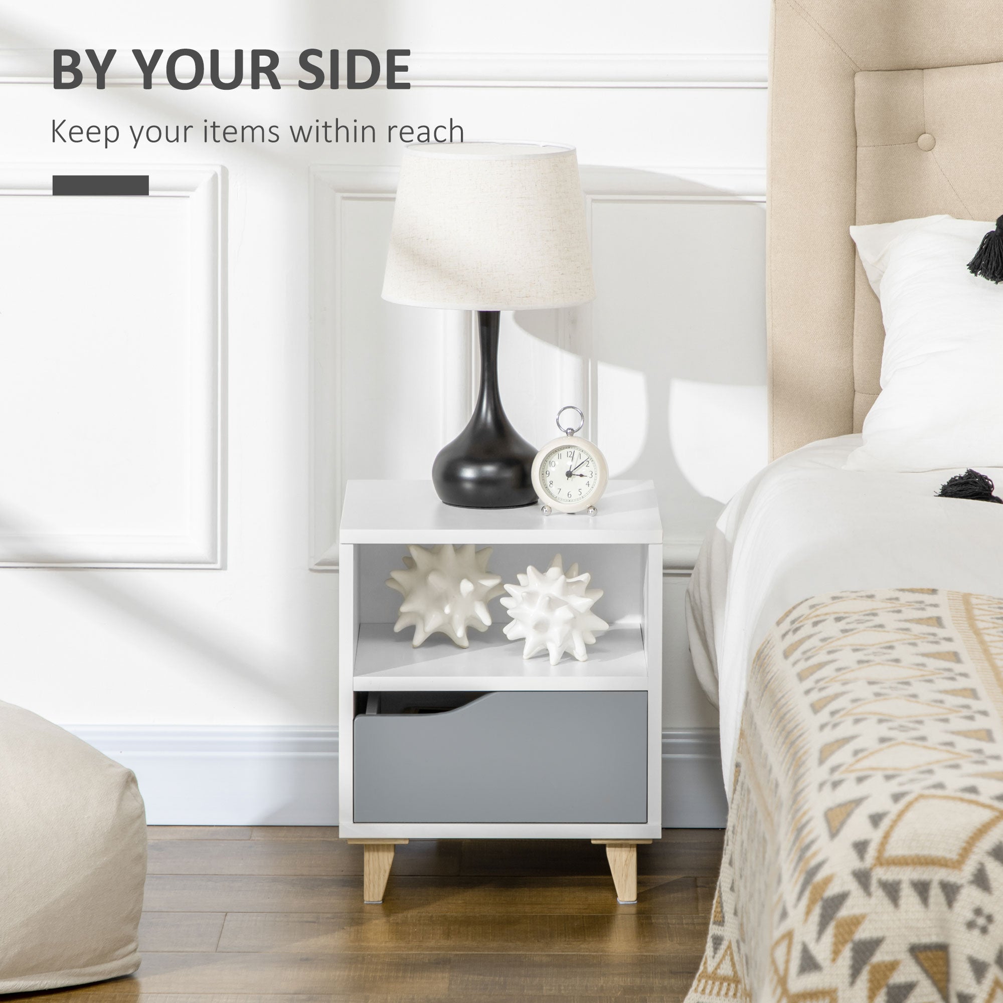 HOMCOM Modern Bedside Table, Side End Table with Shelf, Drawer and Wood Legs, 36.8cmx33cmx43.8cm, White and Grey - North Peak Garden Furniture