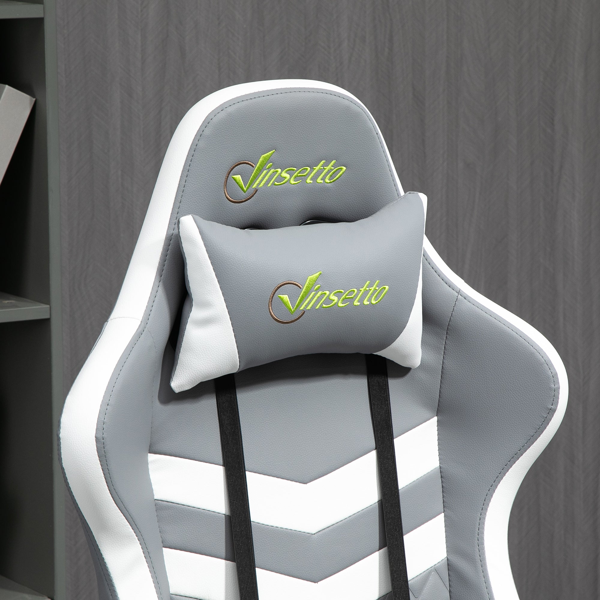 Vinsetto Gaming Chair, Computer Desk Chair with Lumbar Support, Faux Leather Racing Chair with Headrest and Swivel Wheels for Home Office, Grey White - North Peak Garden Furniture