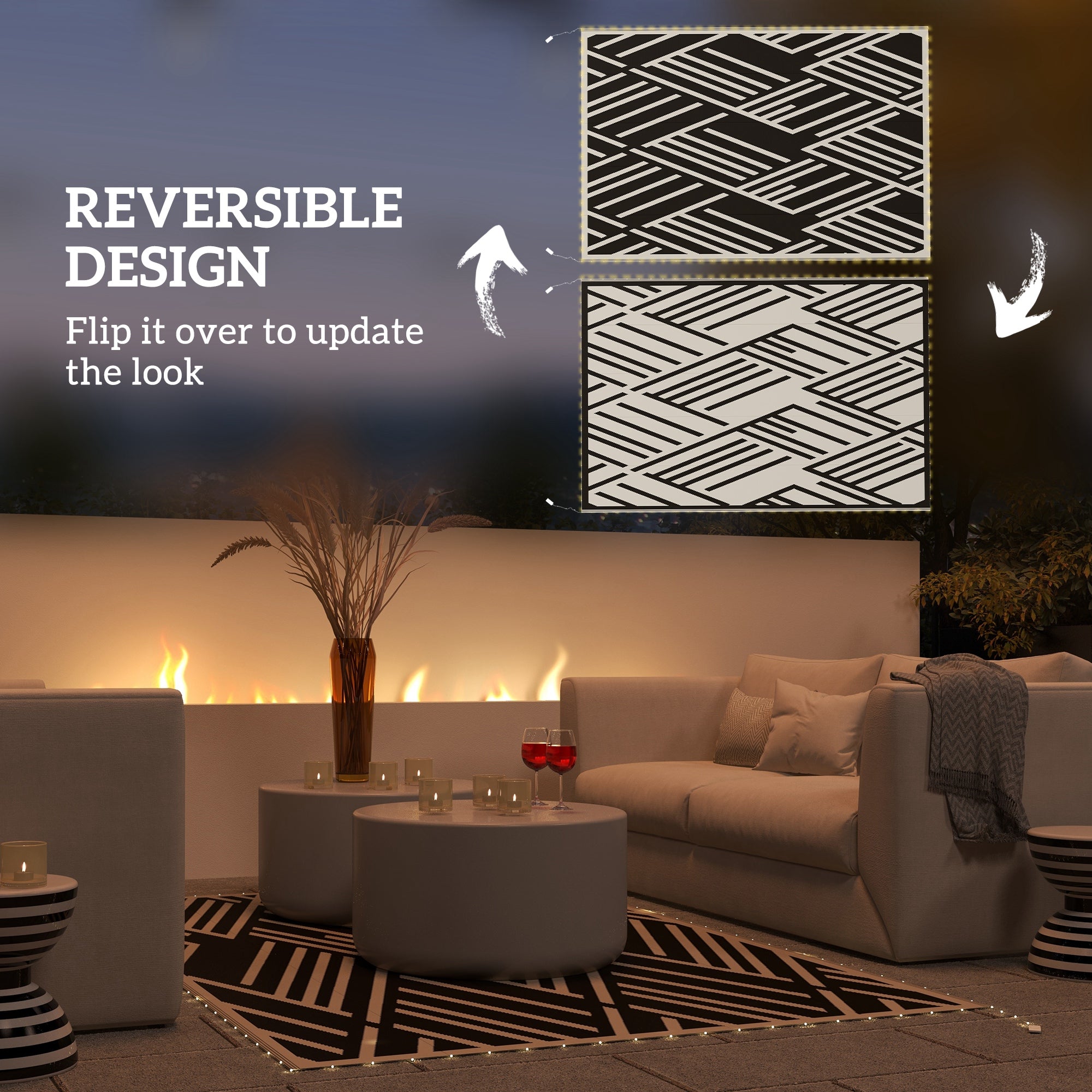 Outsunny Plastic Straw Reversible RV Outdoor Rug with LED String Light, 182 x 274cm, Black and Coffee - North Peak Garden Furniture