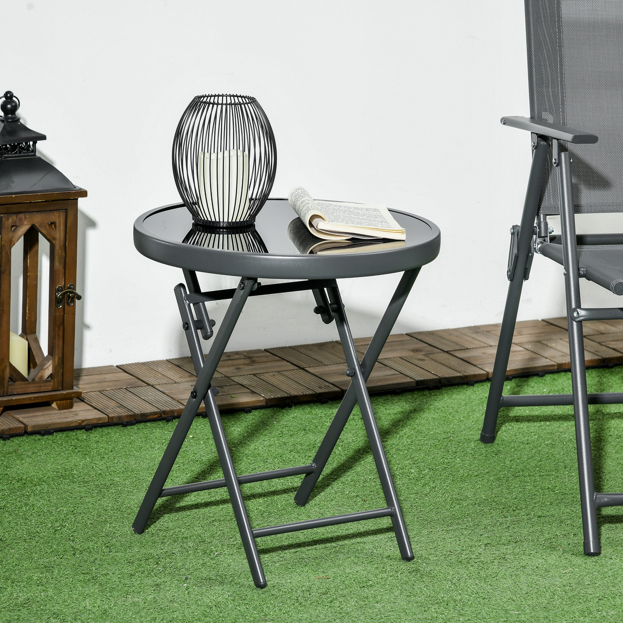 Outsunny Φ45cm Garden Side Table, Outdoor Round Folding Patio Table with Imitation Marble Glass Top, Small Coffee Table, Black - North Peak Garden Furniture