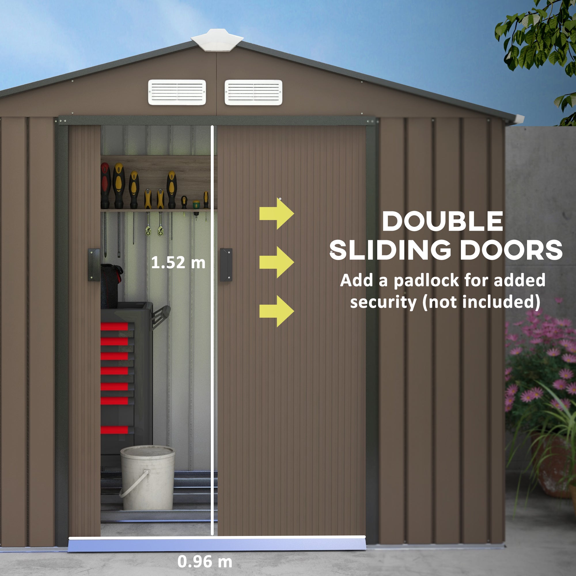 Outsunny 7 x 4ft Metal Garden Shed, Outdoor Storage Tool House with Ventilation Slots, Foundation Kit and Lockable Double Doors, Brown - North Peak Garden Furniture