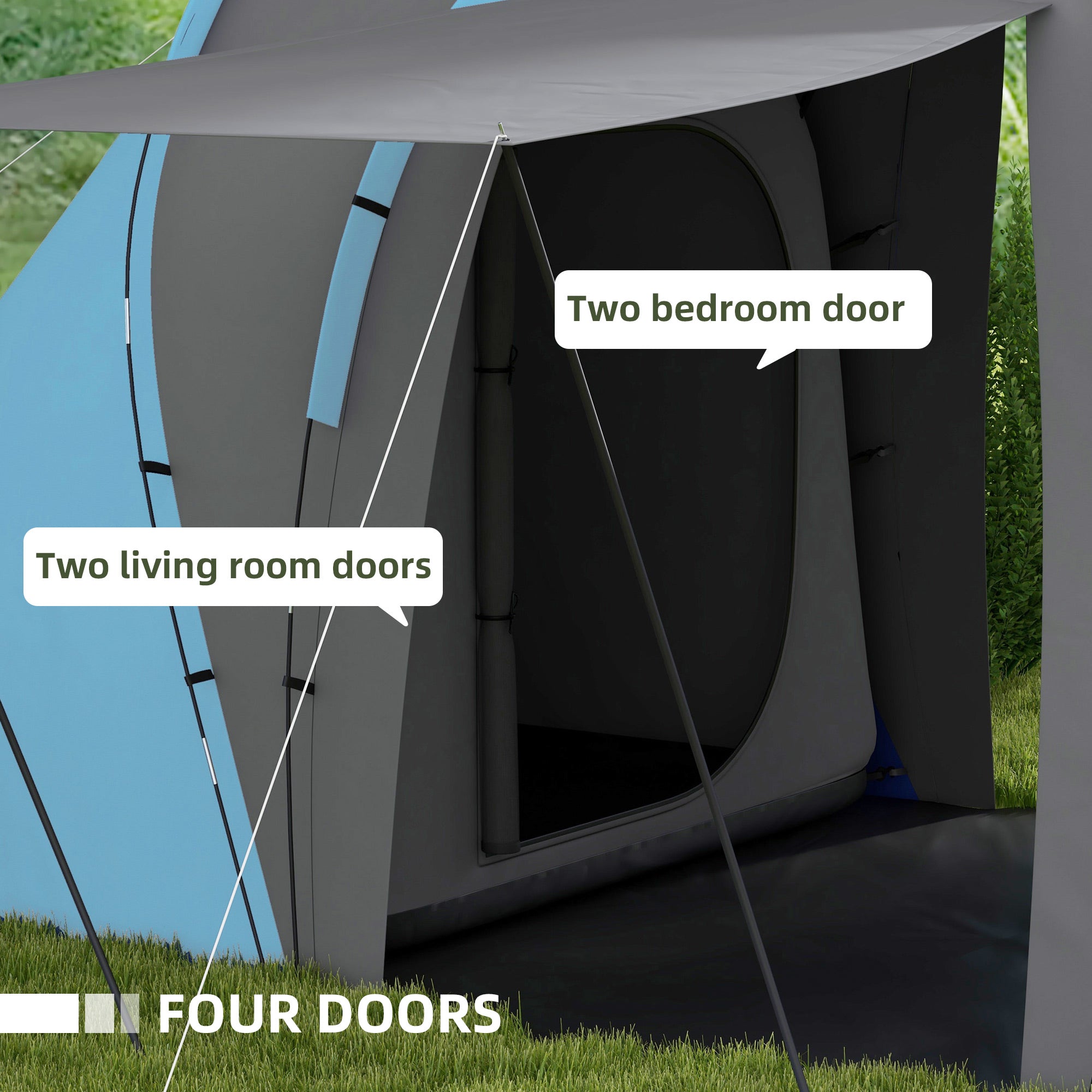 Outsunny Large Camping Tent Tunnel Tent with 2 Bedroom and Living Area, 2000mm Waterproof, Portable with Bag for 4-6 Man, Blue - North Peak Garden Furniture