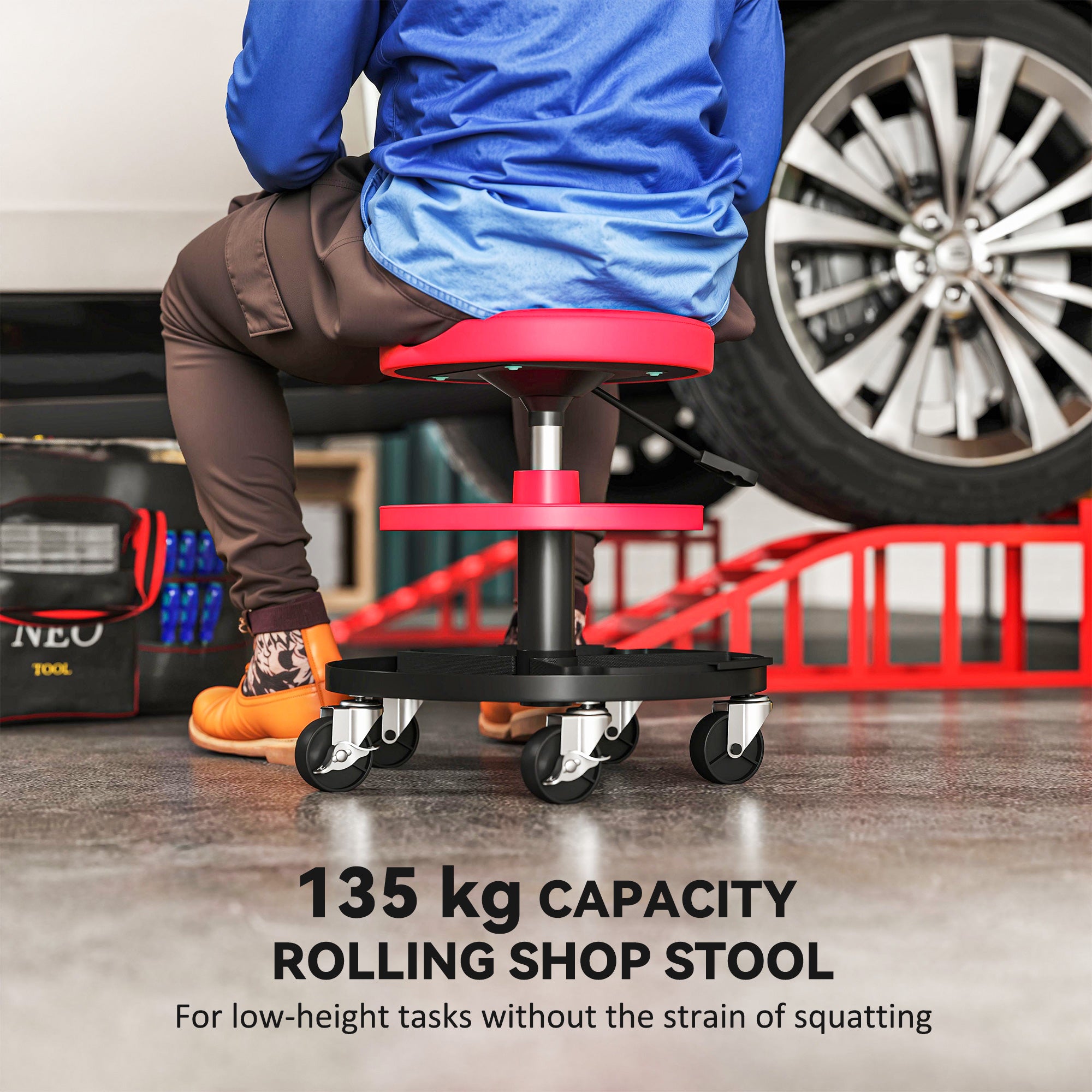HOMCOM Rolling Mechanic Stool, 135kg Capacity Workshop Stool, 360° Swivel Roller Padded Creeper Seat with Wheels, Tool Trays Storage for Garage, Shop, Auto Repair, Red