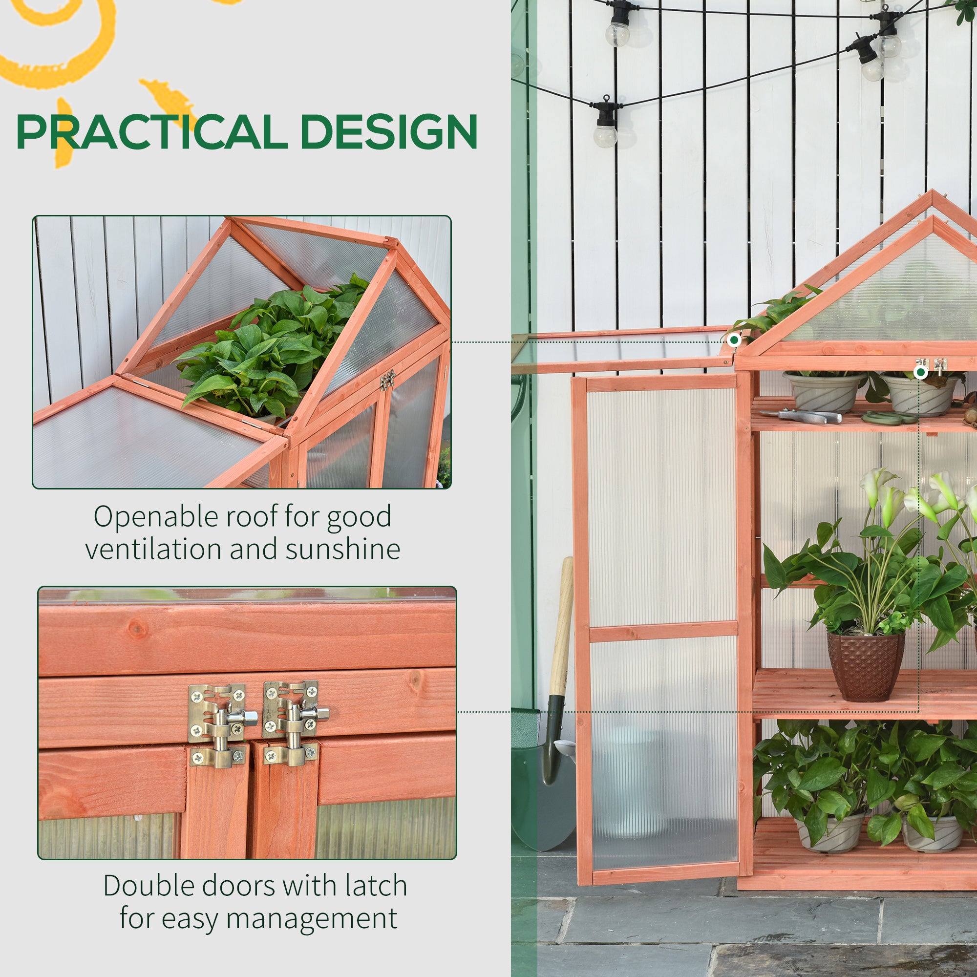 Outsunny Garden Cold Frame Polycarbonate Greenhouse with Adjustable Shelves, Double Doors, Openable Top Covers, Grow House for Flower Vegetable Plants, 80 x 47 x 138cm, Orange - North Peak Garden Furniture