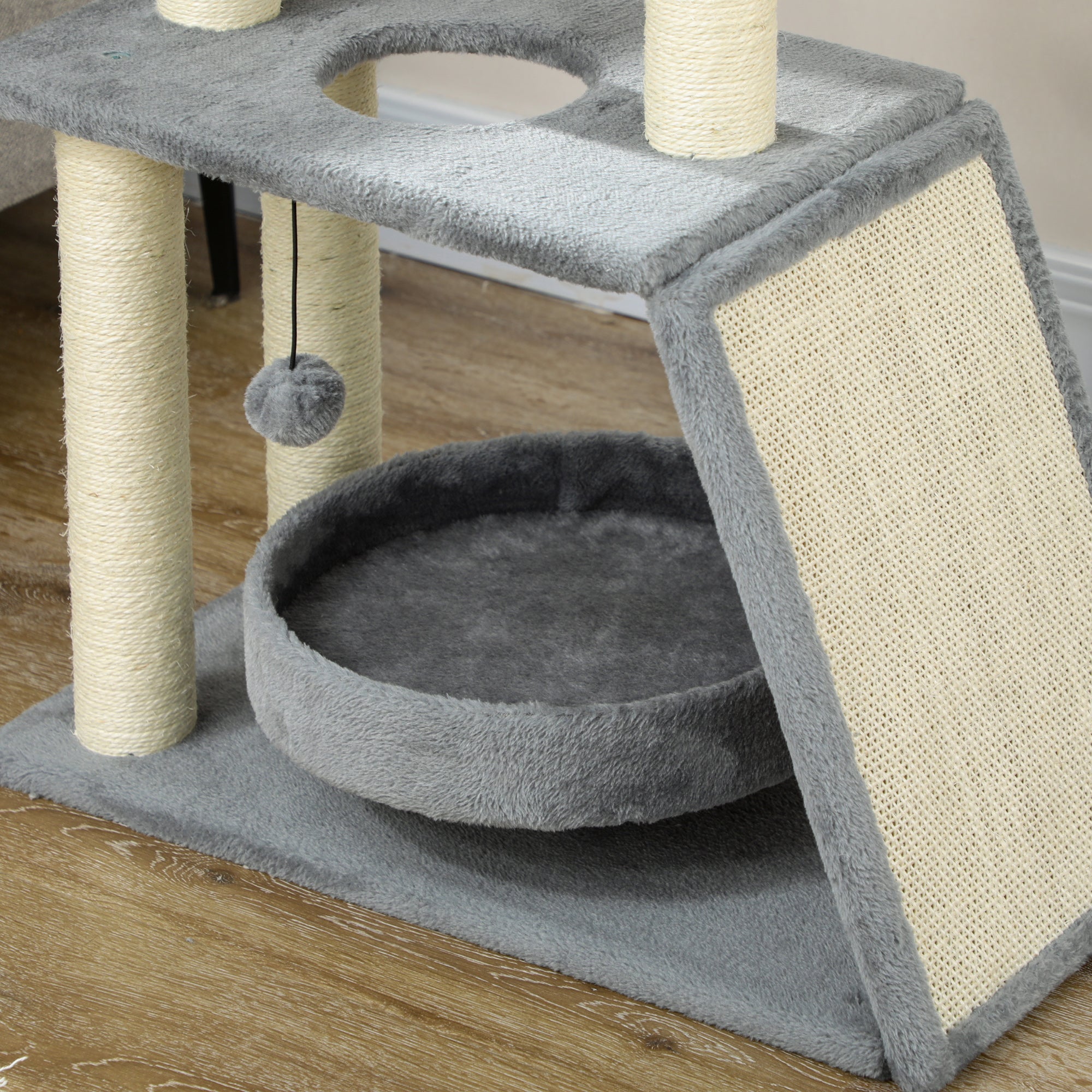 PawHut Cat Tree Tower, with Scratching Posts, Pad, Bed, Perch, Toy Ball - Light Grey