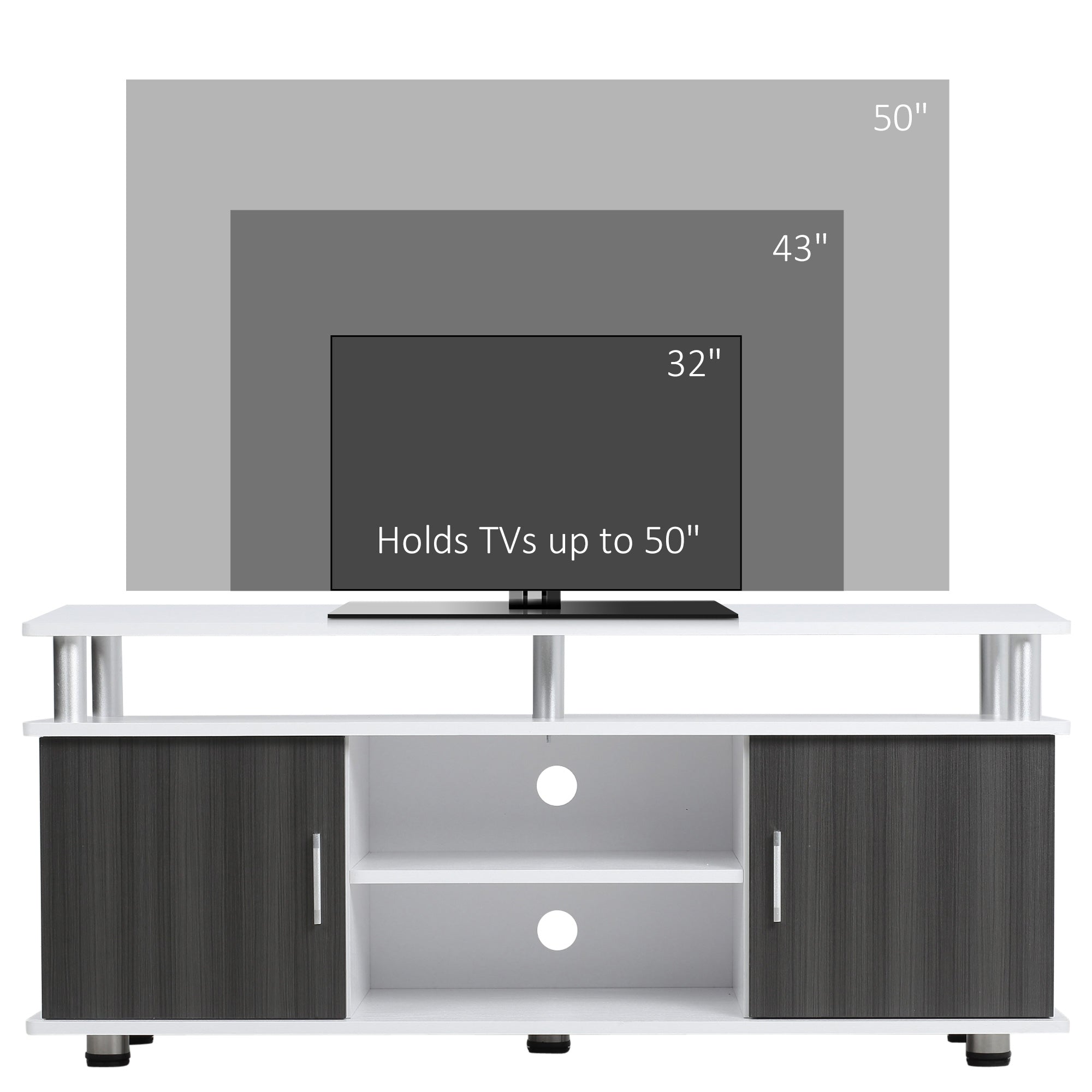 HOMCOM TV Cabinet Unit for TVs up to 50'' with Storage Shelf and Cupboards, Living Room Entertainment Center Media Console, Grey and White