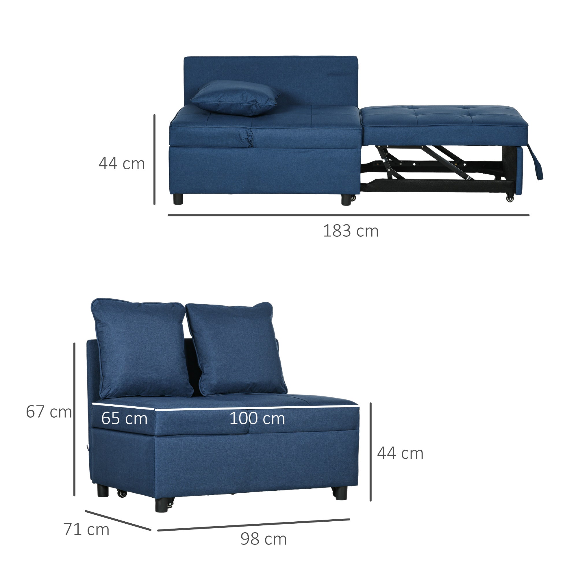 HOMCOM Convertible Single Sofa Bed with Thick Padded Seat, 3-in-1 Multi-Functional Sleeper Chair Bed with Magazine Pocket, for Living Room, Blue - North Peak Garden Furniture