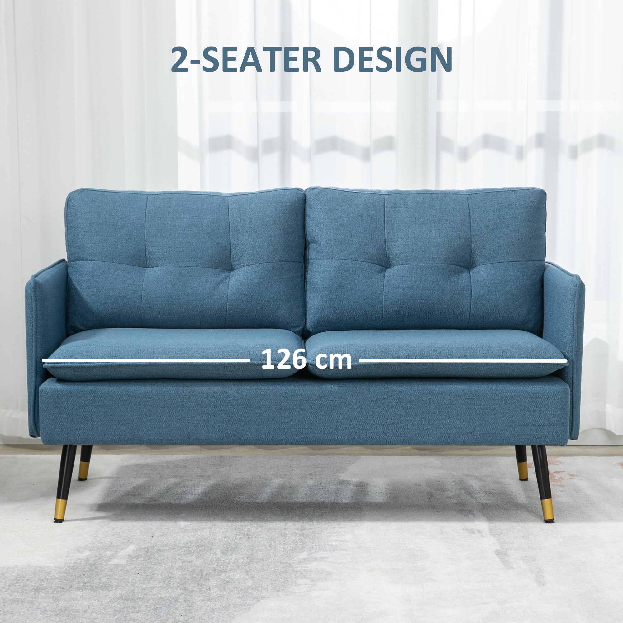 HOMCOM Modern Two Seater Sofa, Button Tufted Loveseat with Cushions and Steel Legs for Living Room, Guest Room, Dark Blue