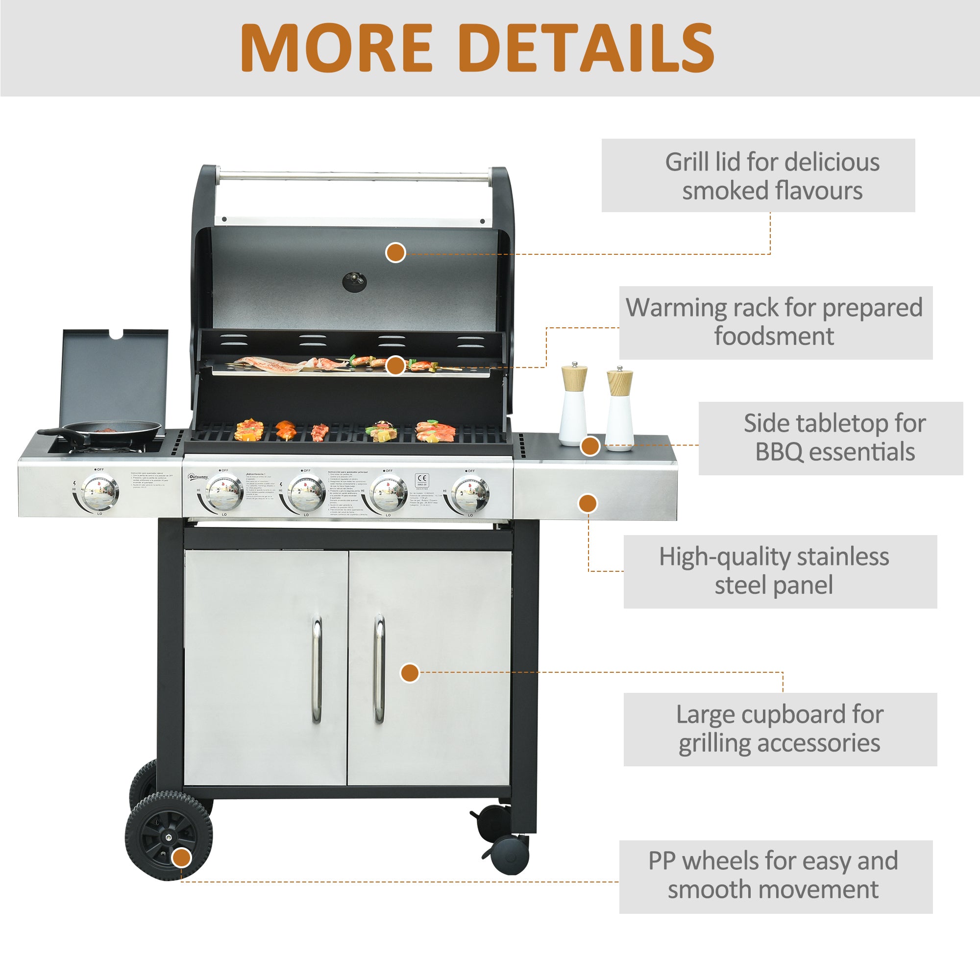 Outsunny Gas Barbecue Grill 4+1 Burner Garden Smoker BBQ Trolley w/ Side Burner Warming Rack Side Shelves Storage Cabinet Piezo Ignition Thermometer Stainless Steel + Metal - North Peak Garden Furniture
