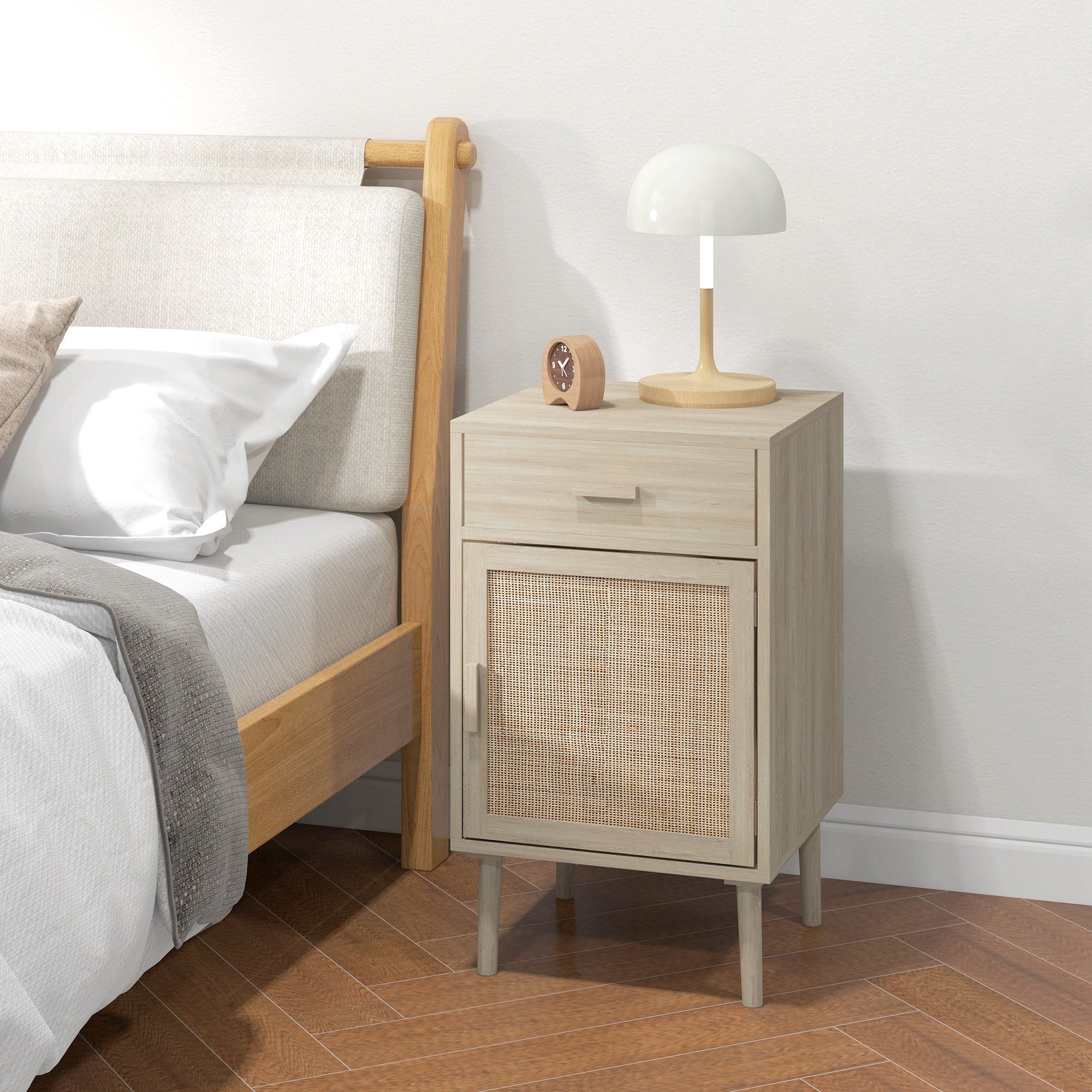 HOMCOM Bedside Table Set of 2, Rattan Side Tables with Drawer, Cabinet and Adjustable Shelf, Boho Bedside Cabinet with Storage for Bedroom, Living Room, Natural Wood Effect - North Peak Garden Furniture