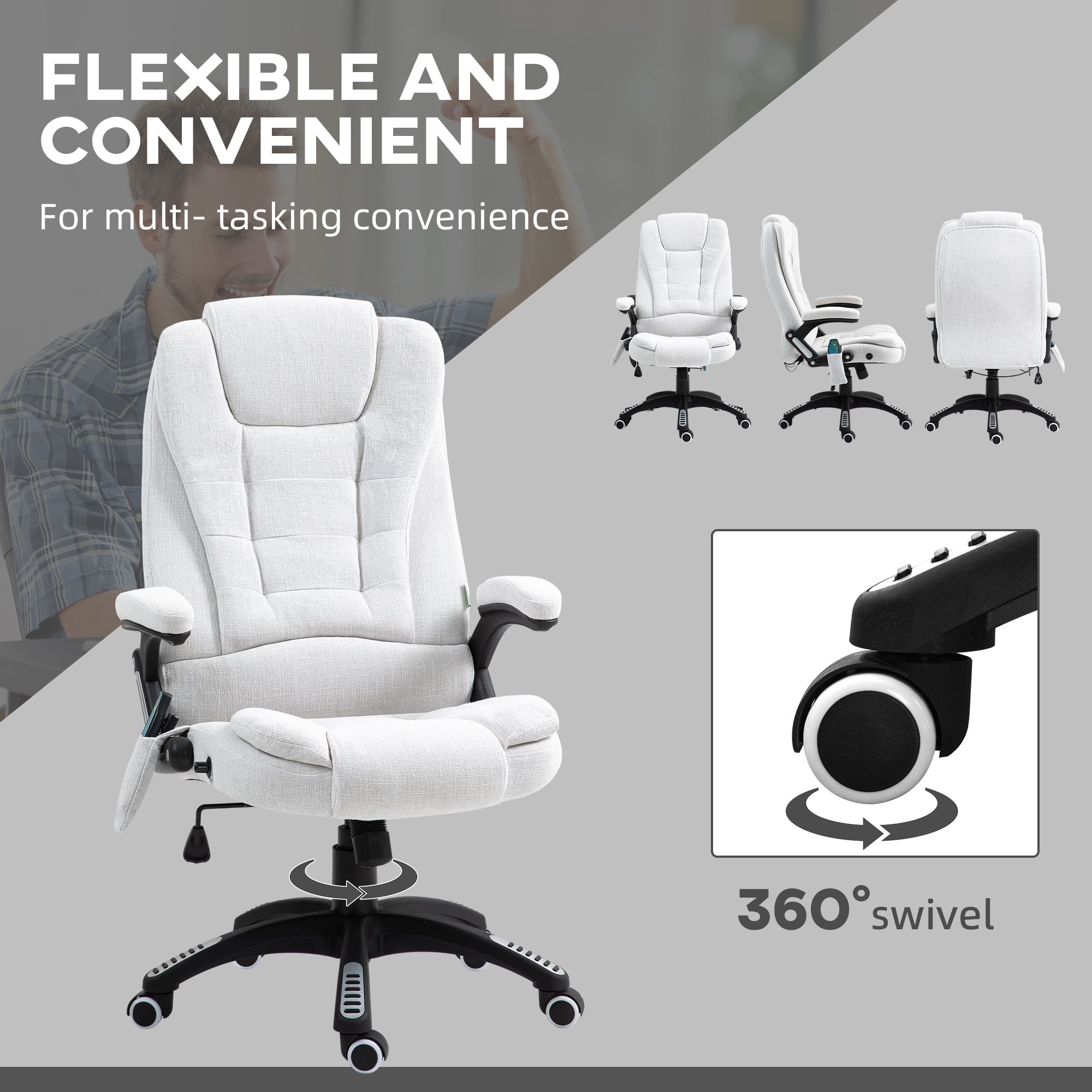 Vinsetto Massage Recliner Chair Heated Office Chair with Six Massage Points Linen-Feel Fabric 360° Swivel Wheels Cream White - North Peak Garden Furniture