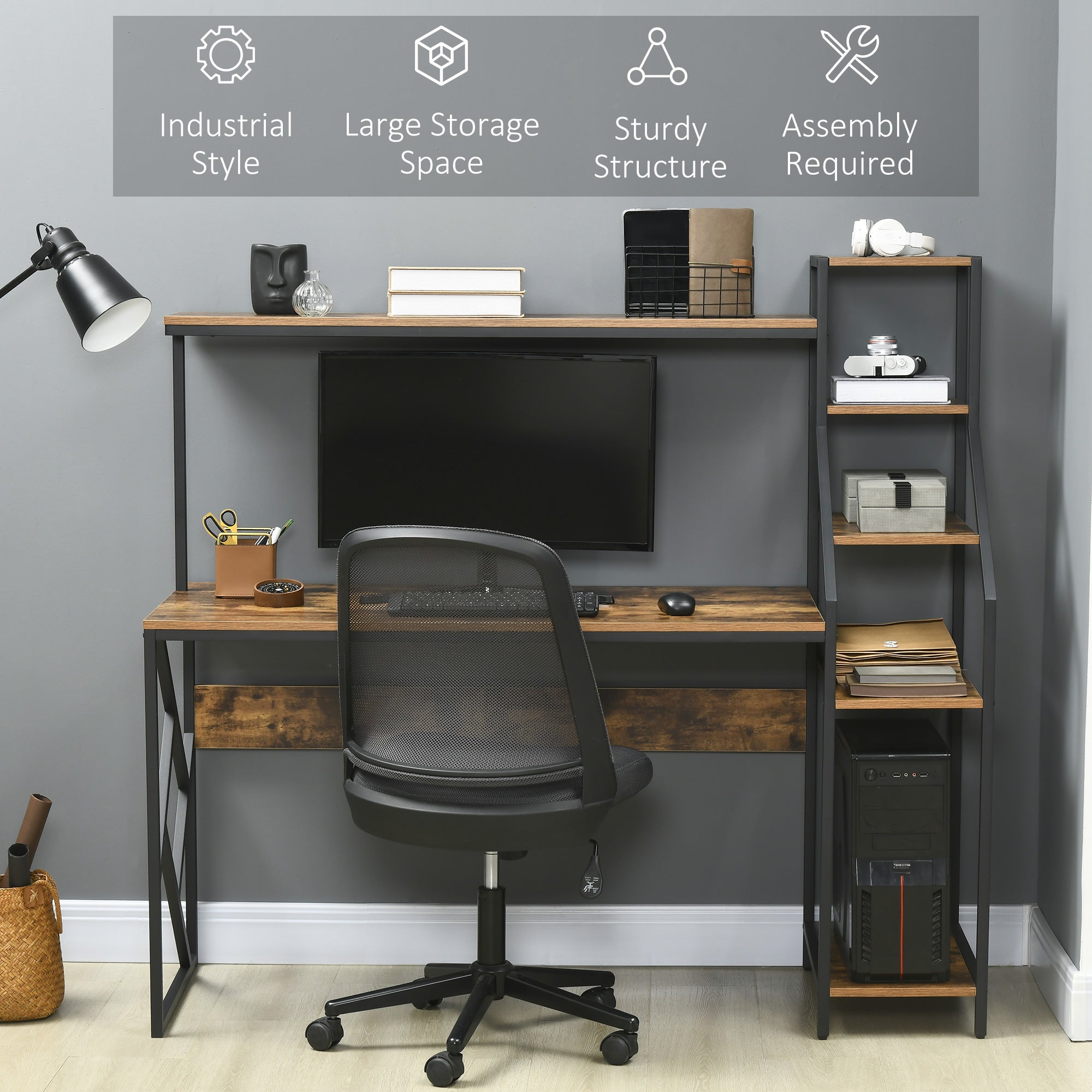 HOMCOM Computer Desk with Bookshelf, Industrial Writing Table with 6 Tier Storage Shelves for Home Office, Bedroom, Study, 150 x 55 x 138cm, Rustic Brown - North Peak Garden Furniture
