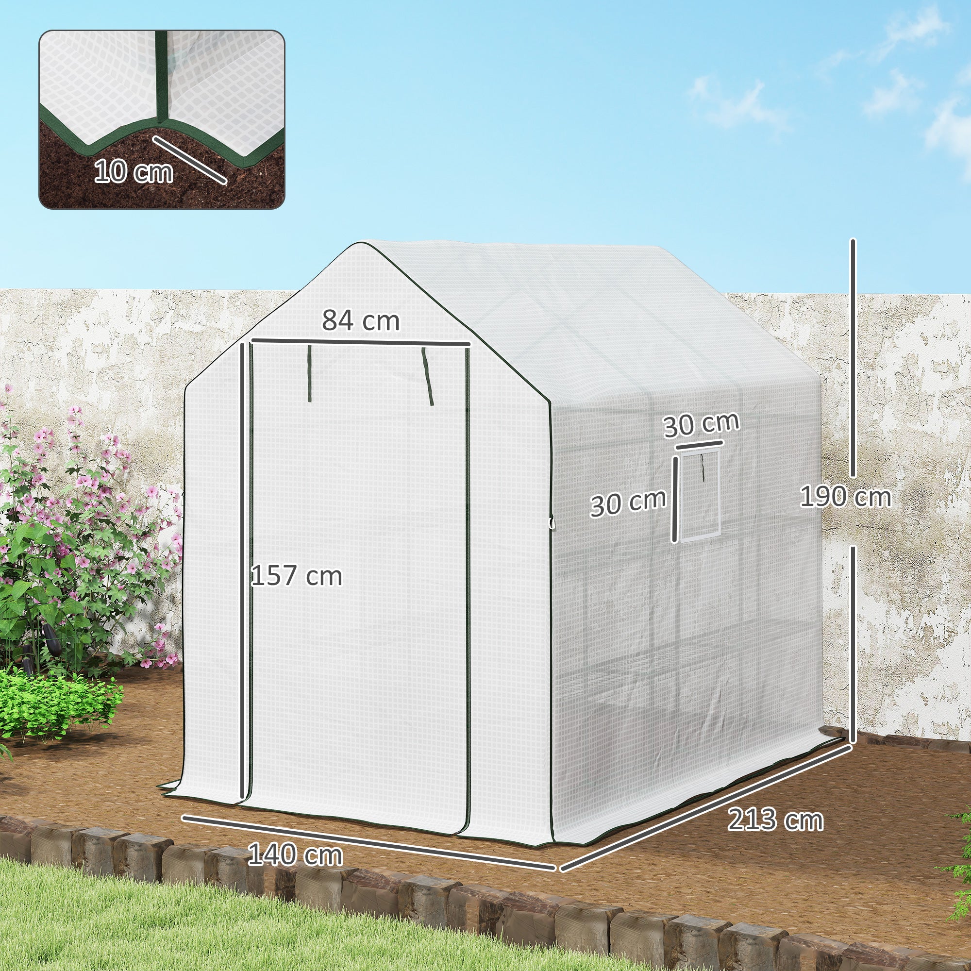 Outsunny Walk-in Greenhouse with 3 Tier Shelves, Outdoor Green House Garden Grow House with Reinforced PE Cover, Roll-up Door and Mesh Windows, 140 x 213 x 190cm, White