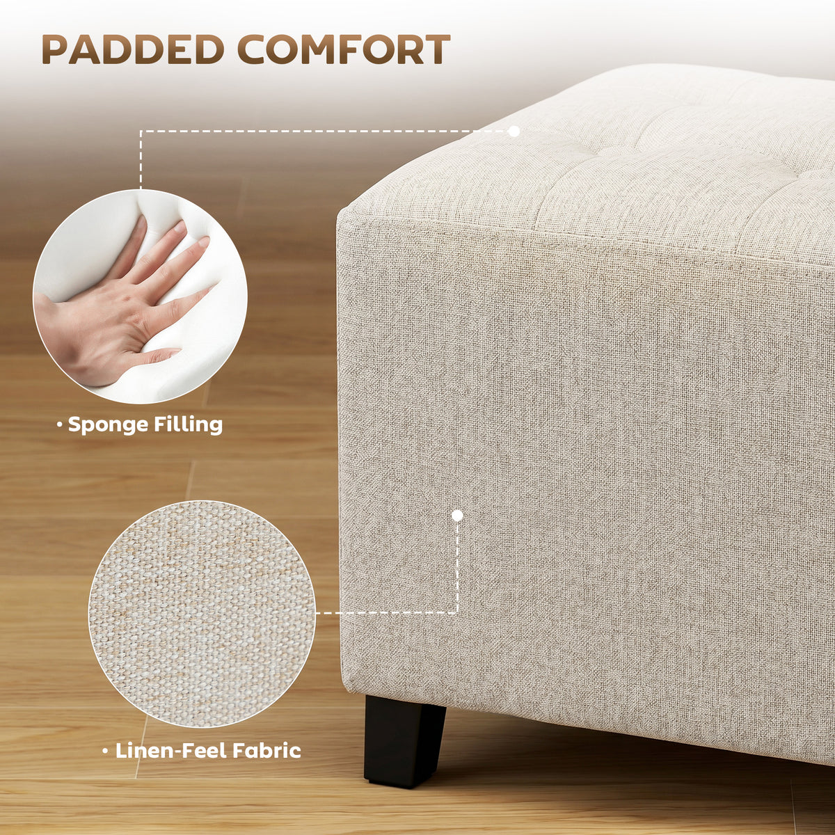 HOMCOM Small Ottoman, Square Footstool with Side Pocket, Rubber Wood Legs and Padded Seat for Living Room, Beige