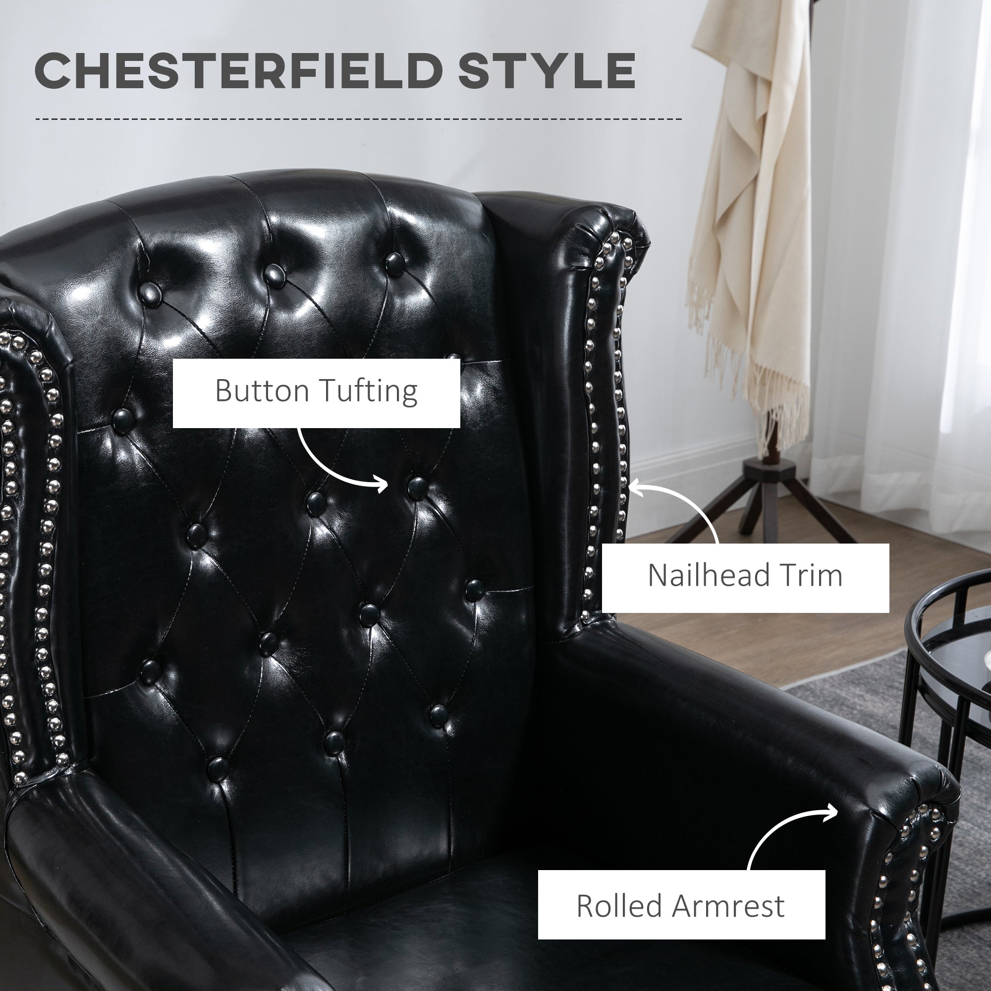 HOMCOM Wingback Accent Chair Tufted Chesterfield-style Armchair with Nail Head Trim for Living Room Bedroom Black - North Peak Garden Furniture