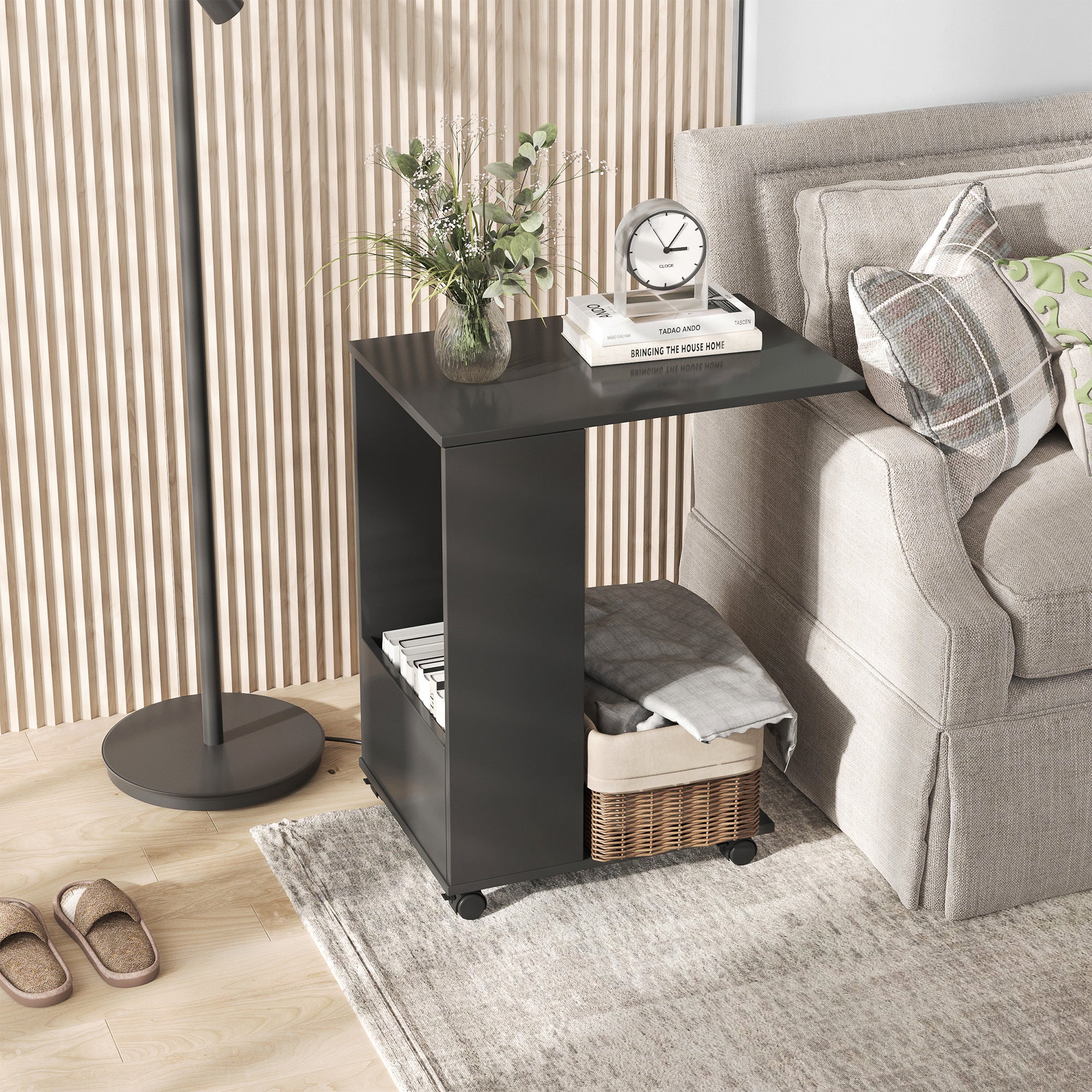 HOMCOM Mobile Sofa Side Table C-Shape End Table with Storage and Casters for Laptop Coffee Snack, Black - North Peak Garden Furniture