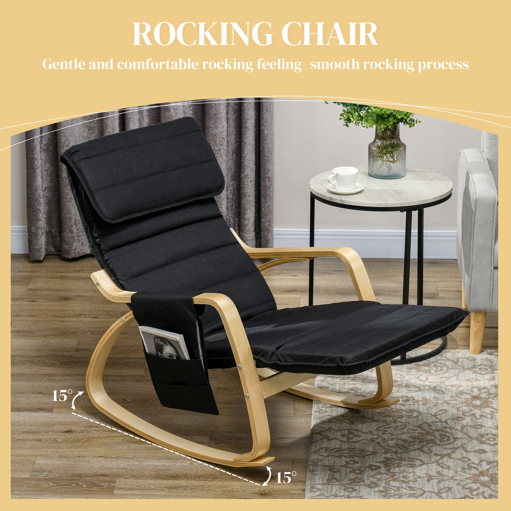 HOMCOM Rocking Lounge Chair Recliner Relaxation Lounging Relaxing Seat with Adjustable Footrest, Side Pocket and Pillow, Black - North Peak Garden Furniture